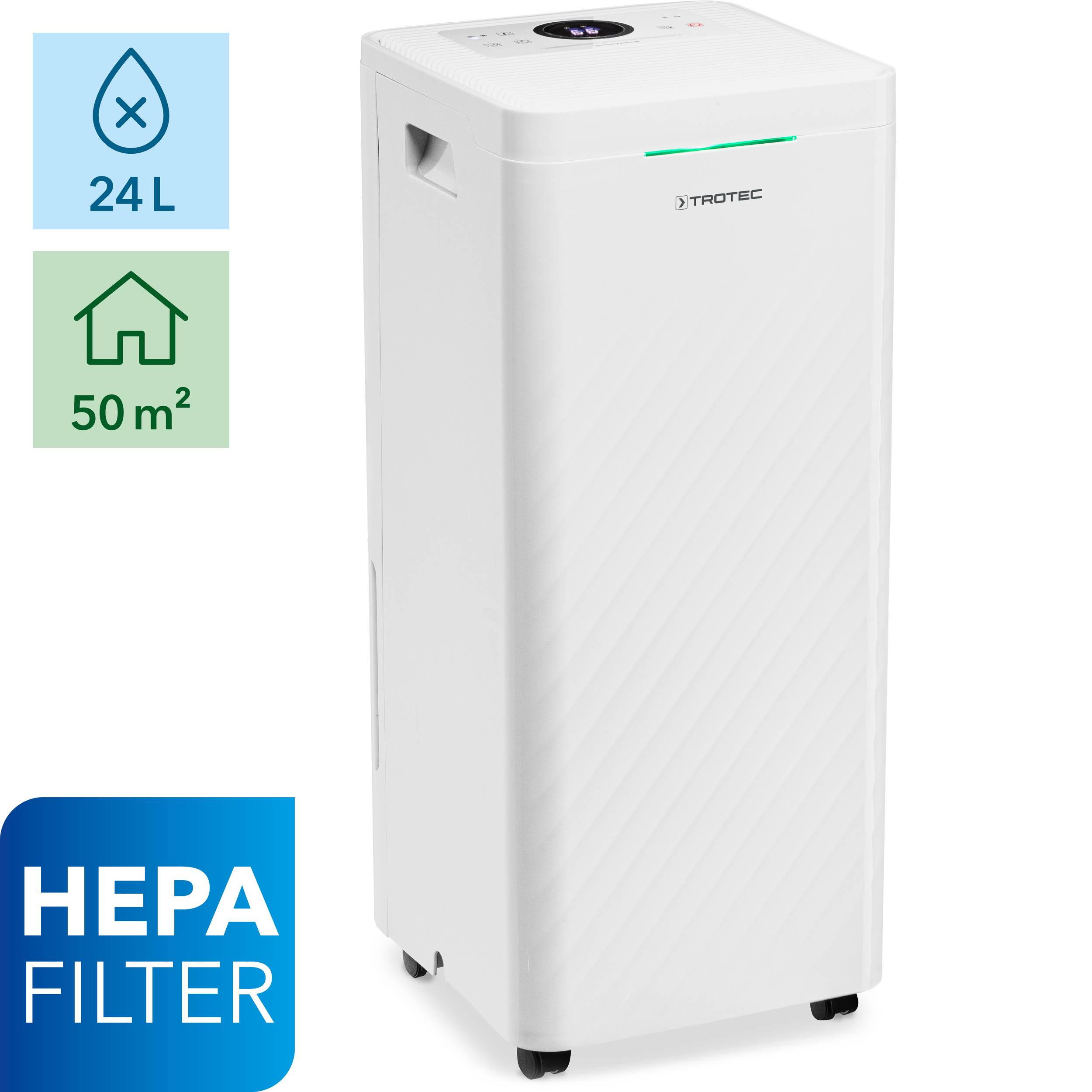 TROTEC Luftentfeuchter elektrisch TTK 64 HEPA – Leistung 24 L/Tag – Fläche 50 m² / 125 m³ – 2in1 Luftreiniger mit HEPA Filter