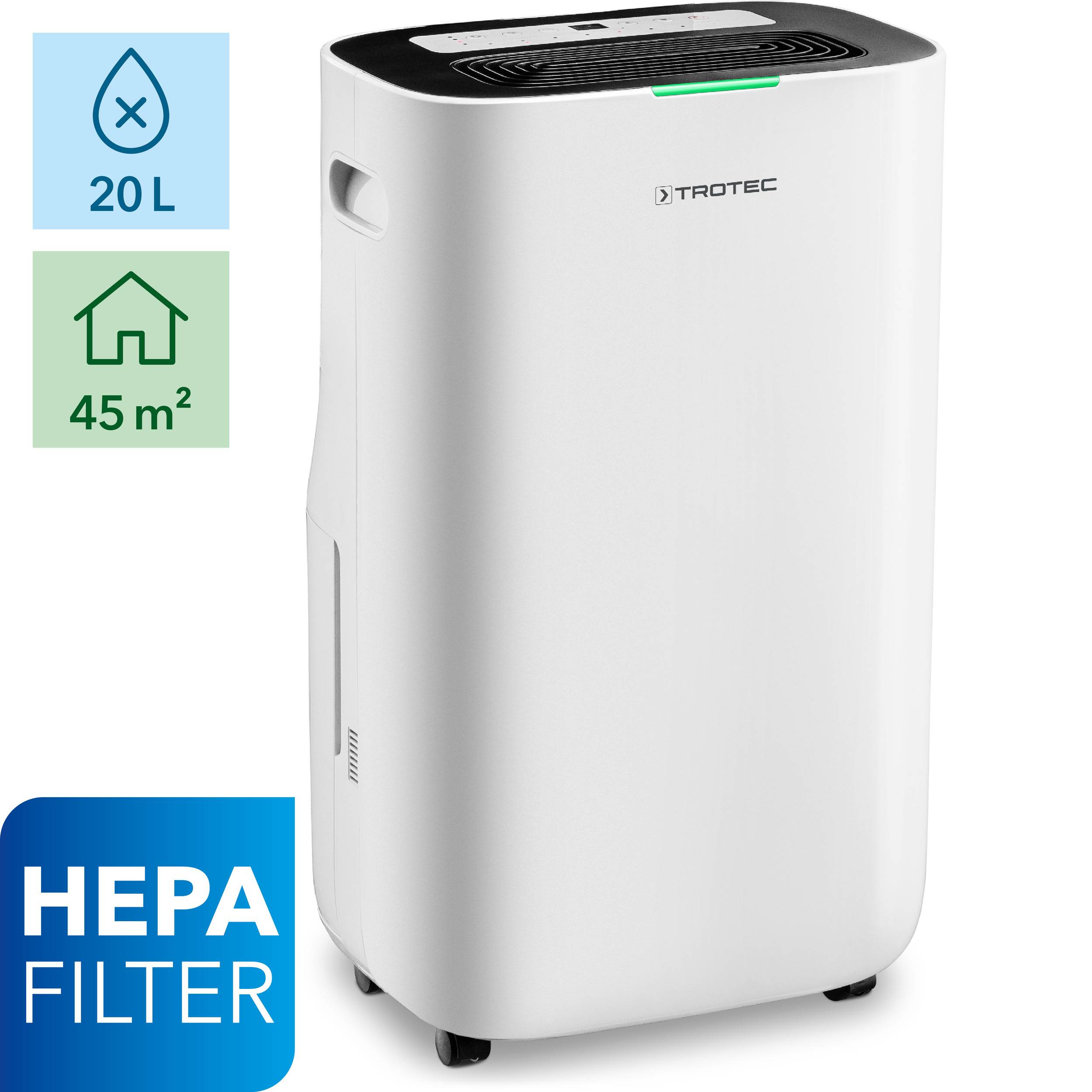 TROTEC Luftentfeuchter elektrisch TTK 70 HEPA (Plus) – Leistung 20 L/Tag – Fläche 45 m² / 110 m³ – 2in1 Luftreiniger mit HEPA Filter