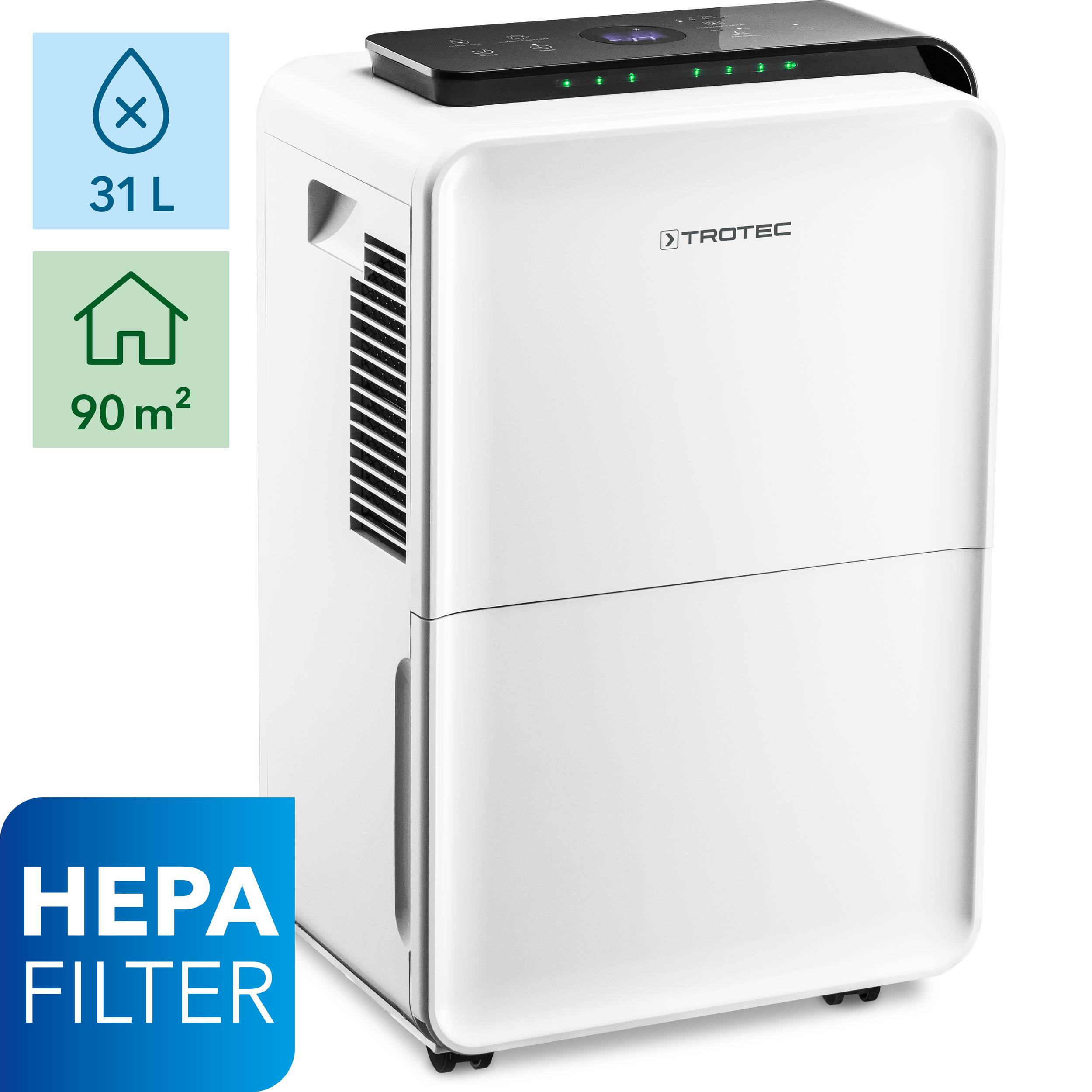 TROTEC Luftentfeuchter elektrisch TTK 99 HEPA – Leistung 31 L/Tag – Fläche 90 m² / 230 m³ – 2in1 Luftreiniger mit HEPA Filter
