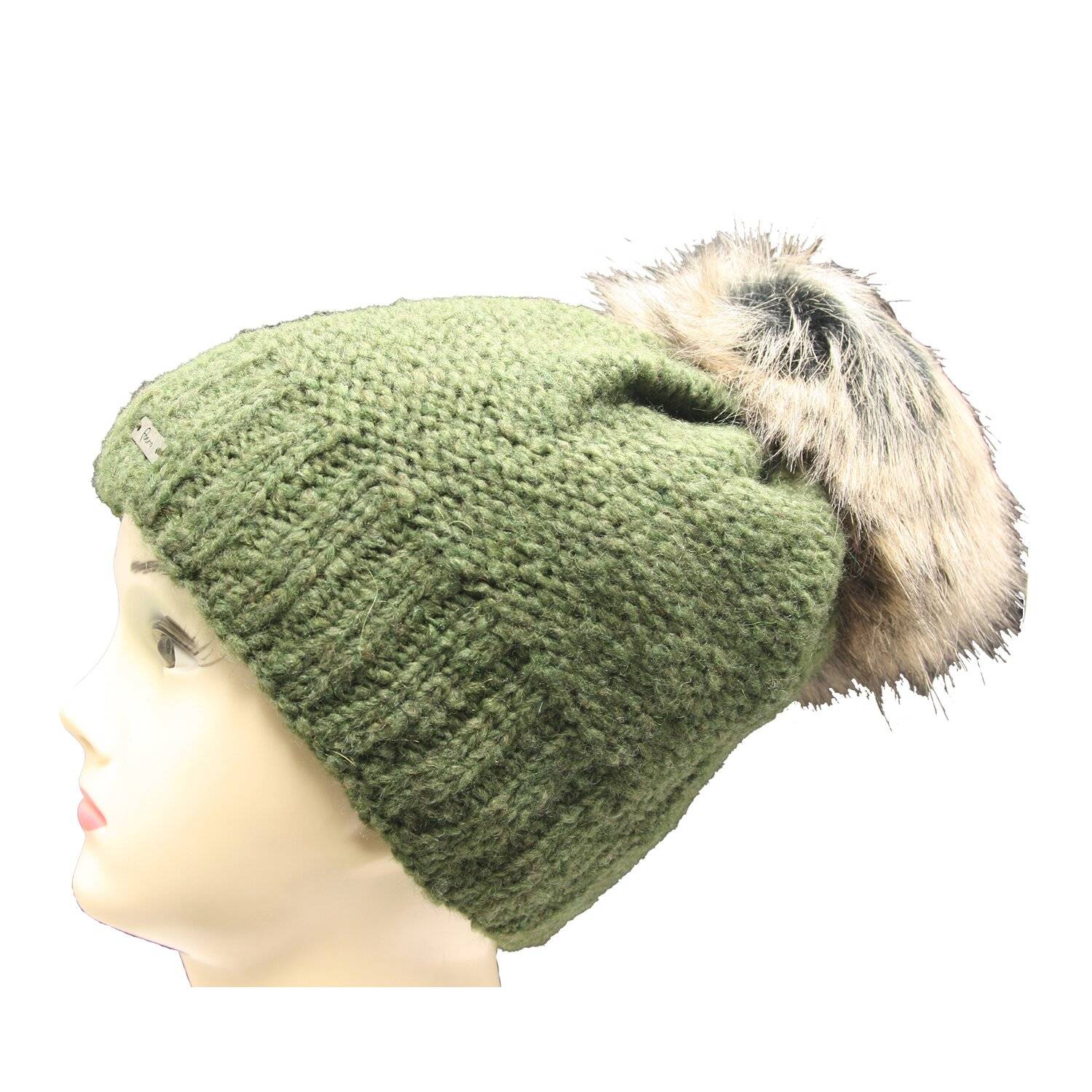 Faera weiche Wintermütze warm gefüttert Kunstfell Bommel-Mütze Fleece-Futter Winter Strick-Mütze One-Size 17 Grün