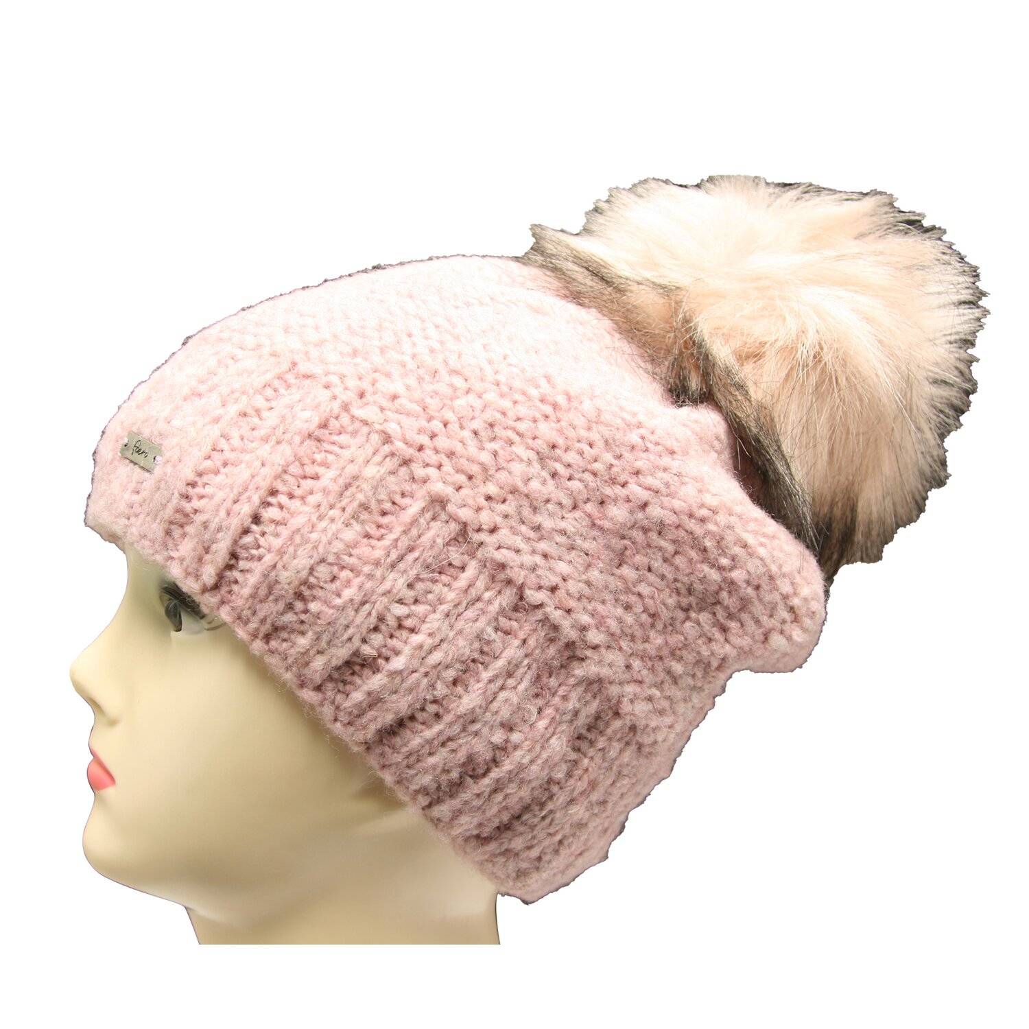 Faera weiche Wintermütze warm gefüttert Kunstfell Bommel-Mütze Fleece-Futter Winter Strick-Mütze One-Size 17 Rose