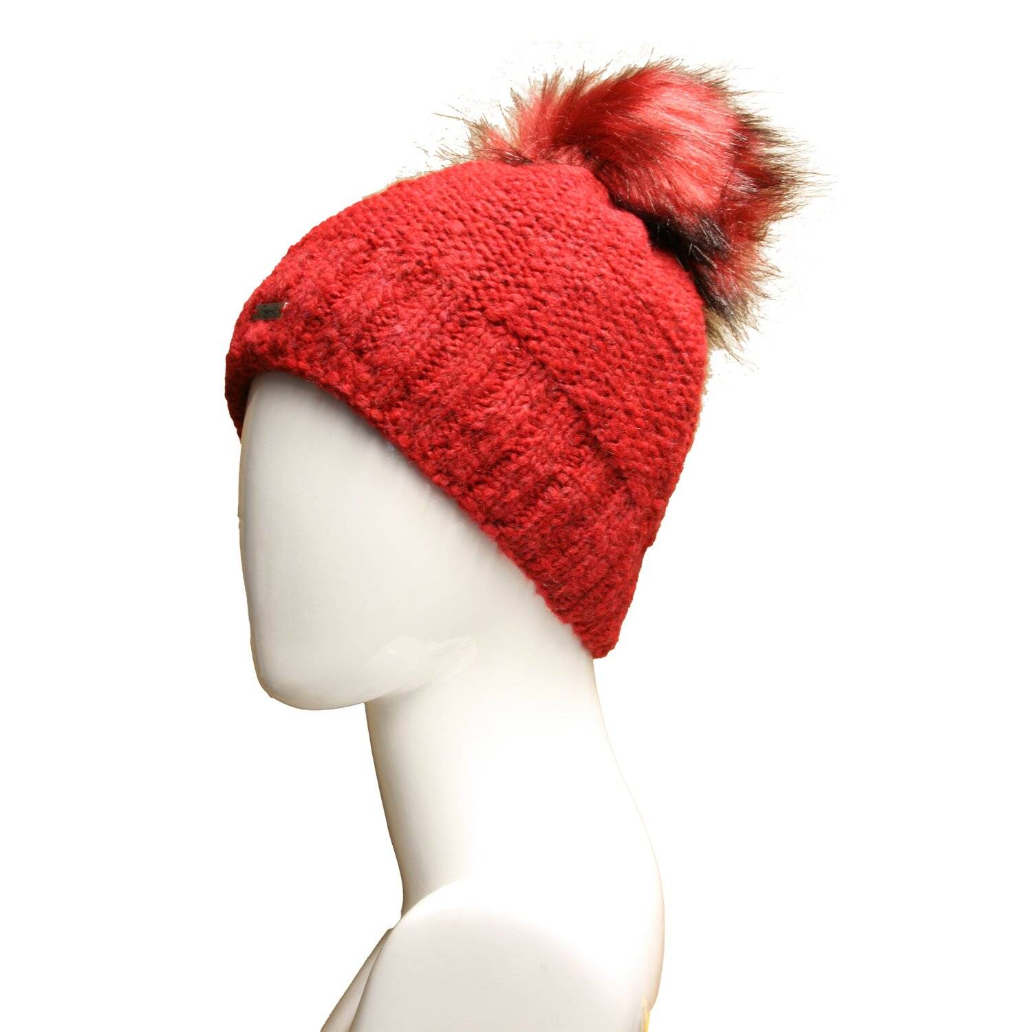 Faera weiche Wintermütze warm gefüttert Kunstfell Bommel-Mütze Fleece-Futter Winter Strick-Mütze One-Size 17 Rot