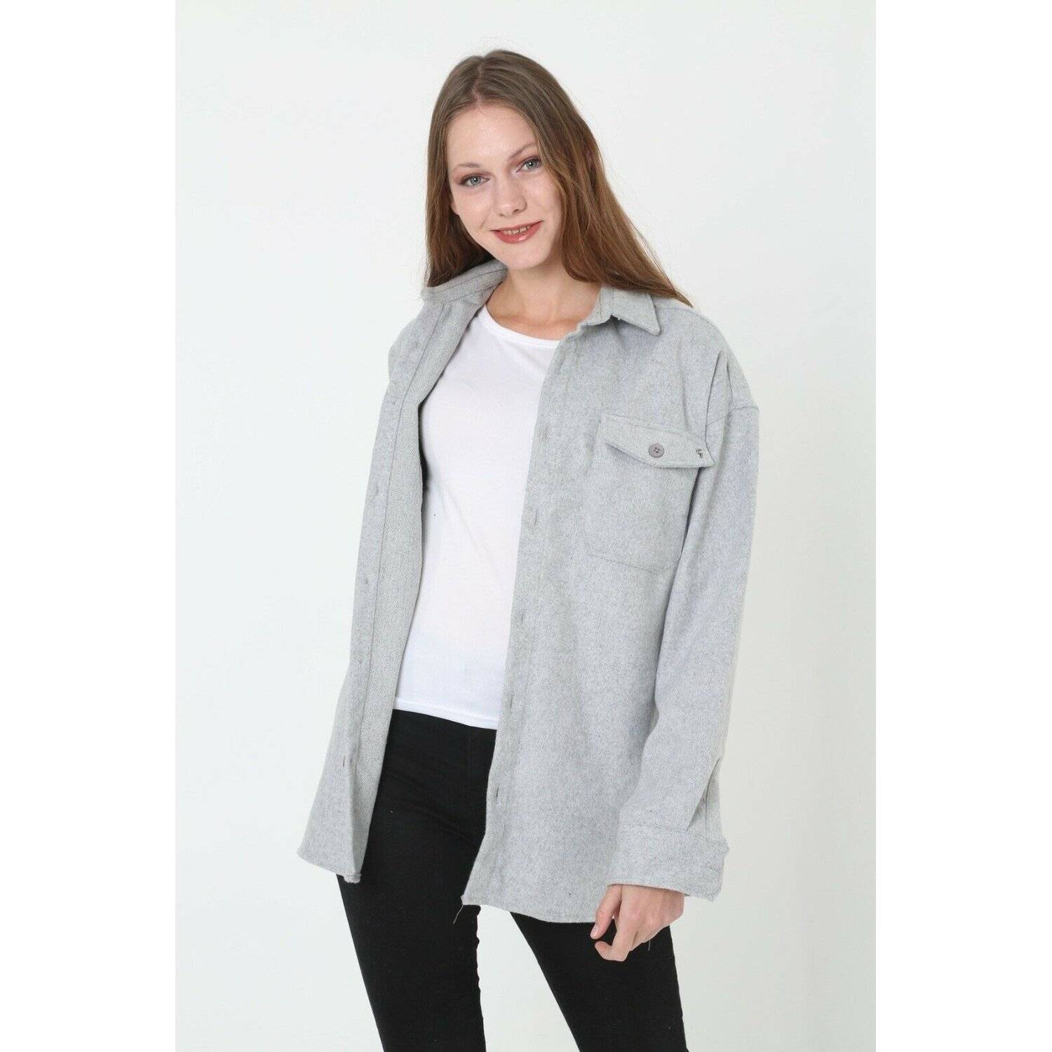 Megaman Jeans D-5592 Moderne Damen Hemdjacke Freizeithemd Holzfäller Bluse Premium Oversize L Hellgrau