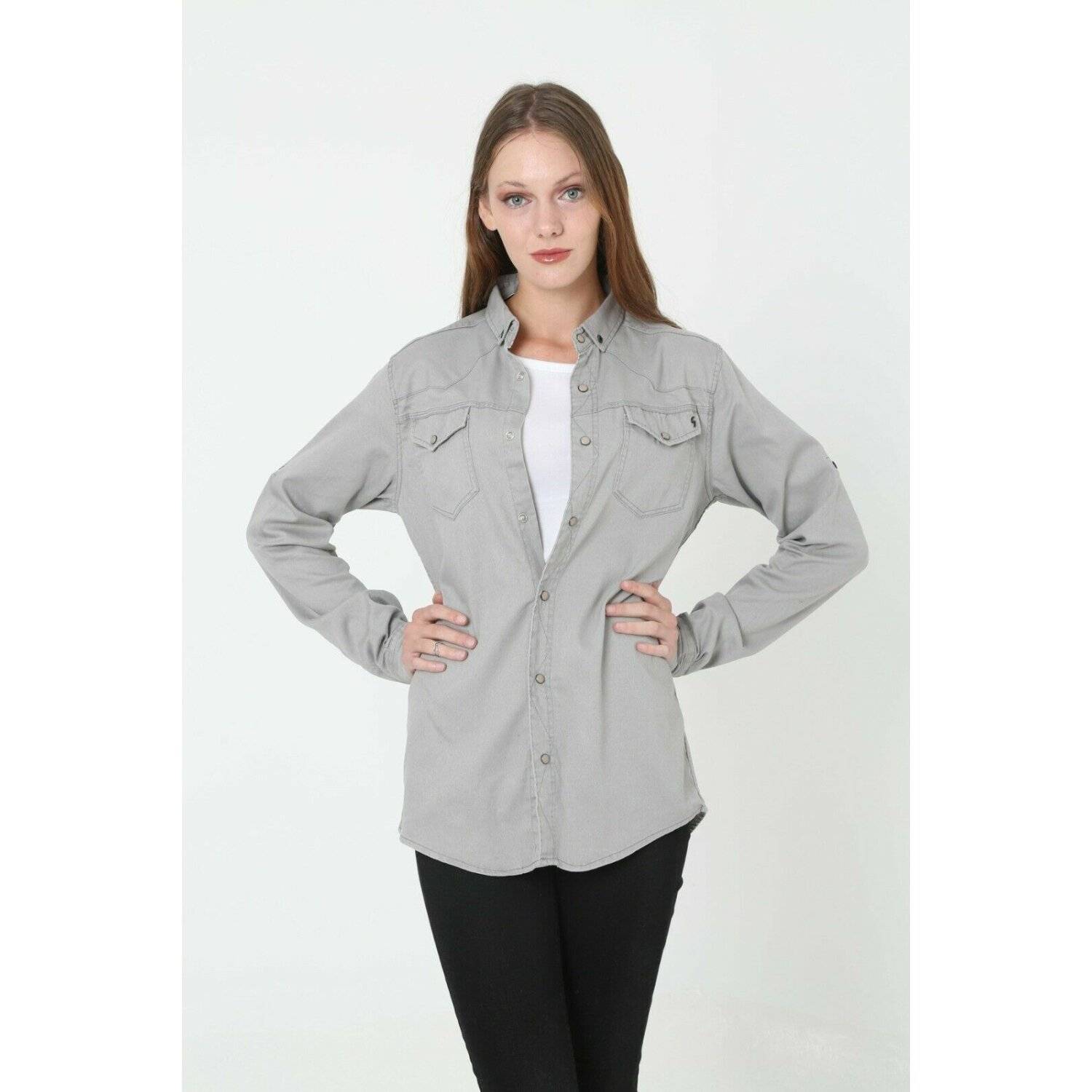 Megaman Jeans Damen Hemdjacke Jeanshemd Freizeithemd Moderne Bluse Premium Oversize D-5187 S Hellgrau