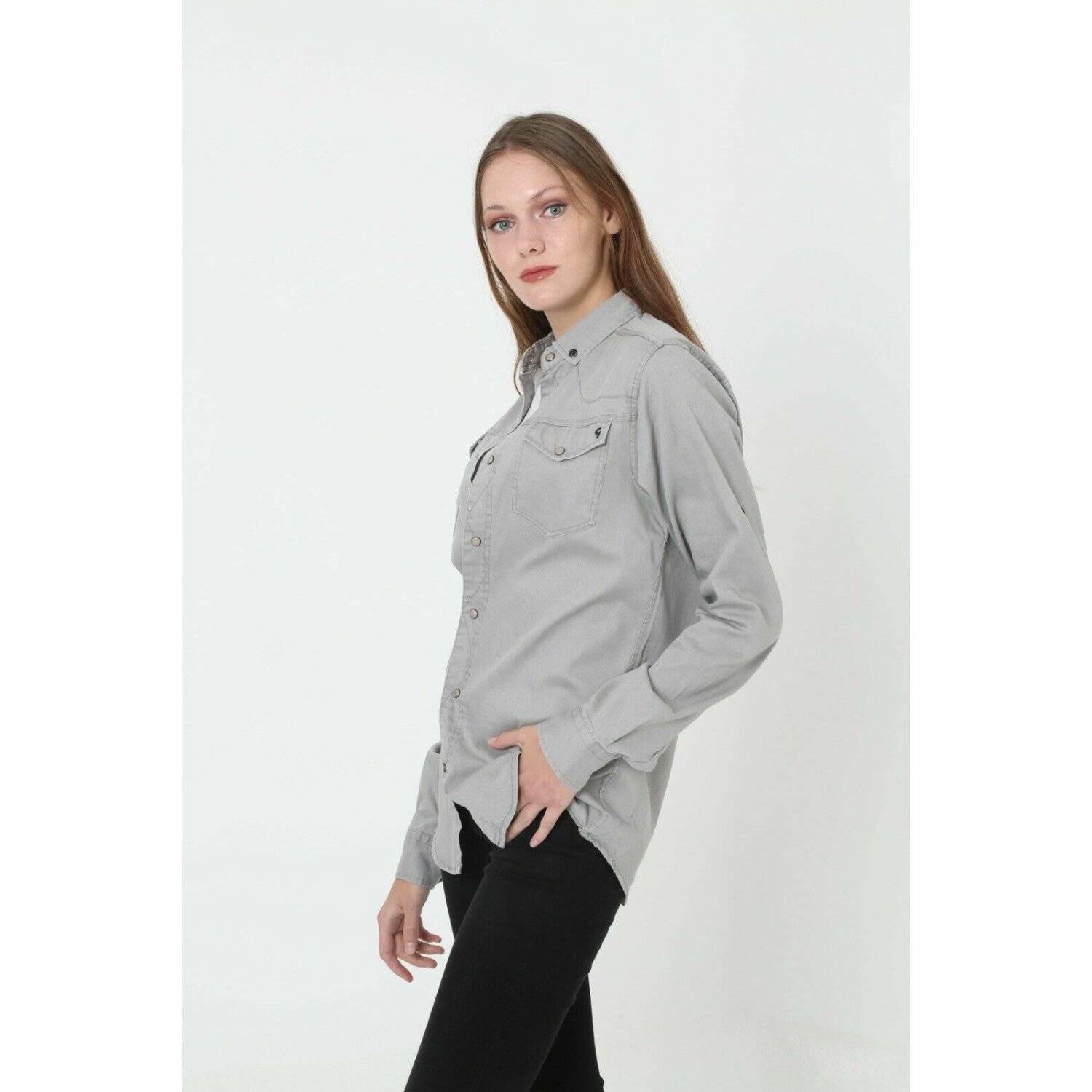 Megaman Jeans Damen Hemdjacke Jeanshemd Freizeithemd Moderne Bluse Premium Oversize D-5187 S Hellgrau