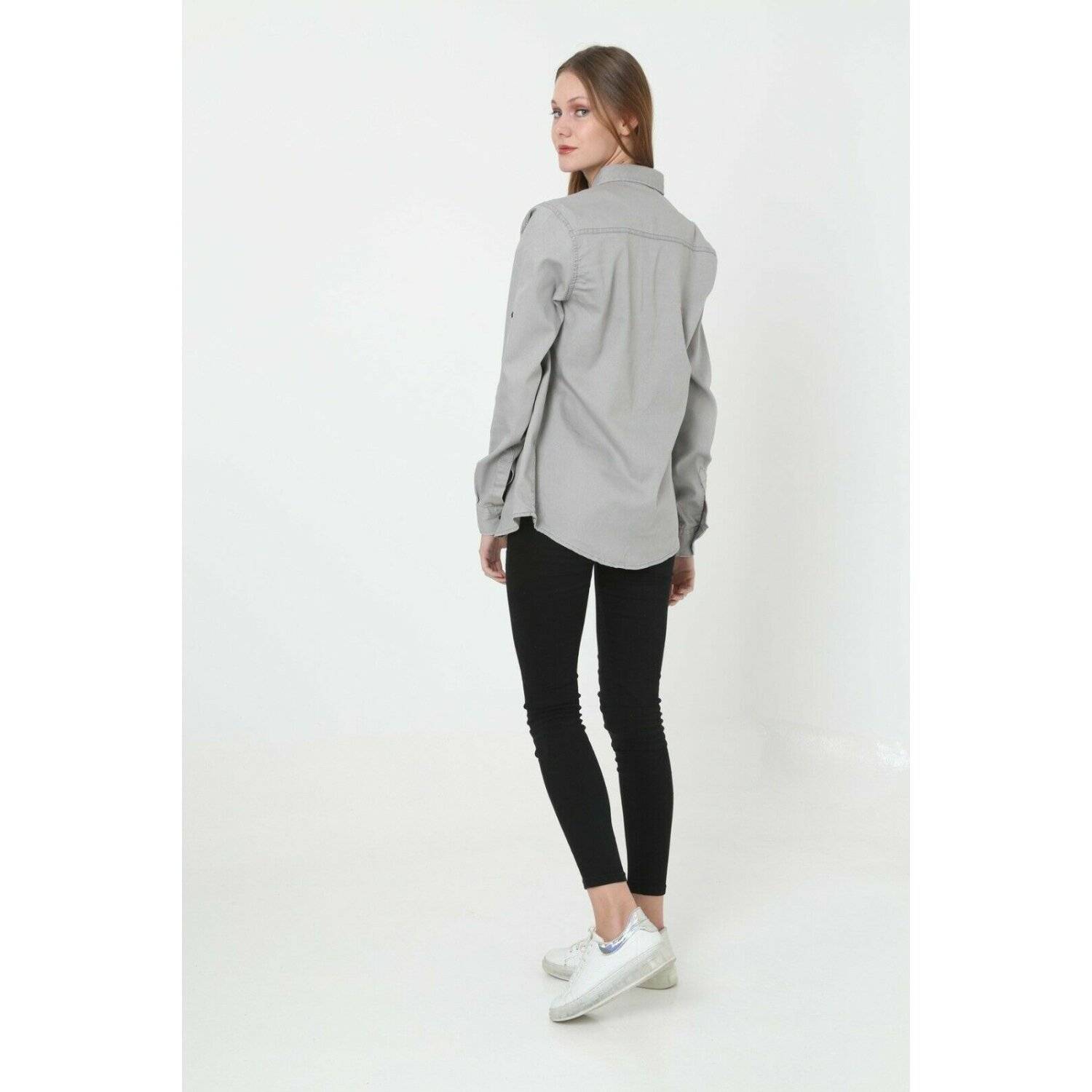 Megaman Jeans Damen Hemdjacke Jeanshemd Freizeithemd Moderne Bluse Premium Oversize D-5187 S Hellgrau