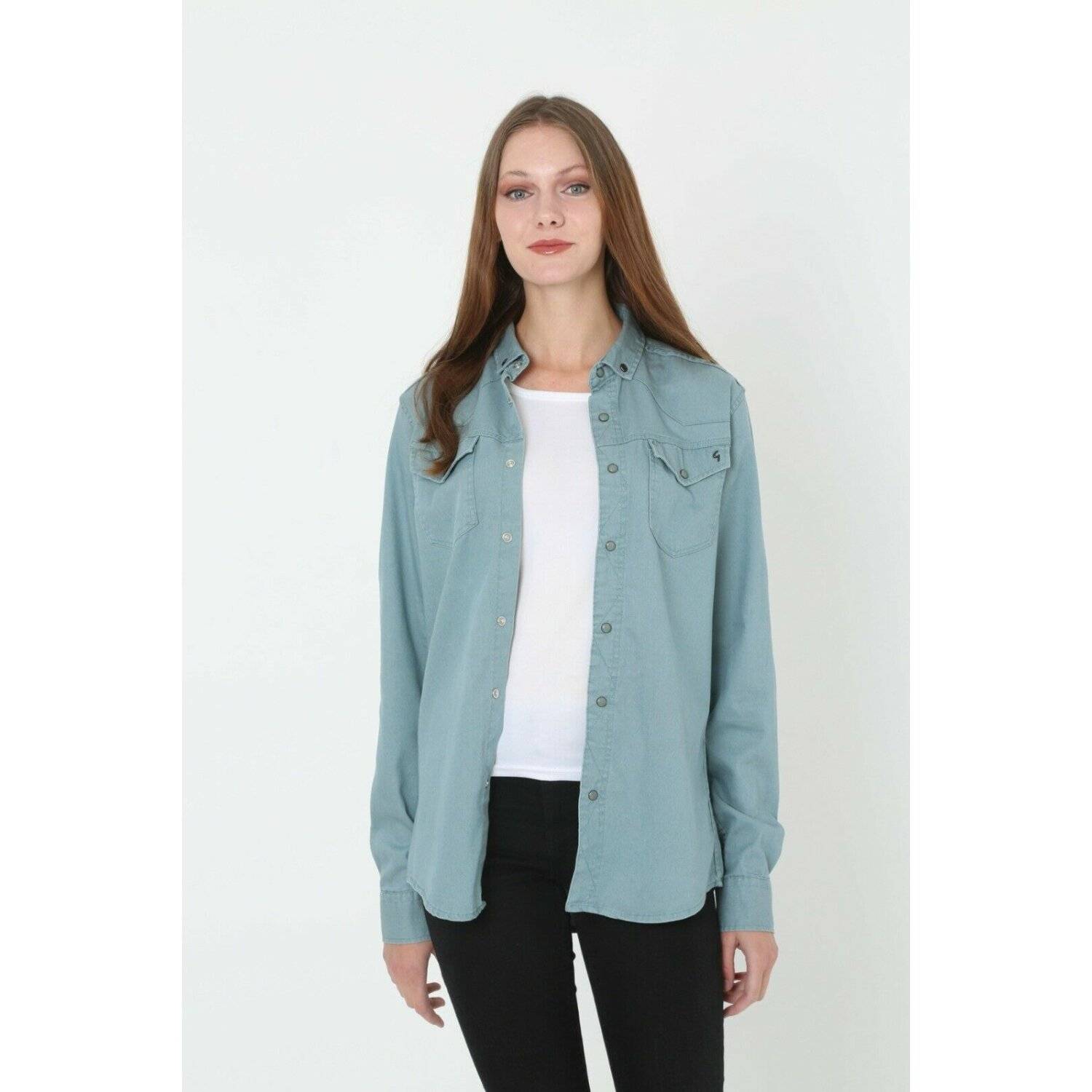 Megaman Jeans Damen Hemdjacke Jeanshemd Freizeithemd Moderne Bluse Premium Oversize D-5187 S Olivgrün