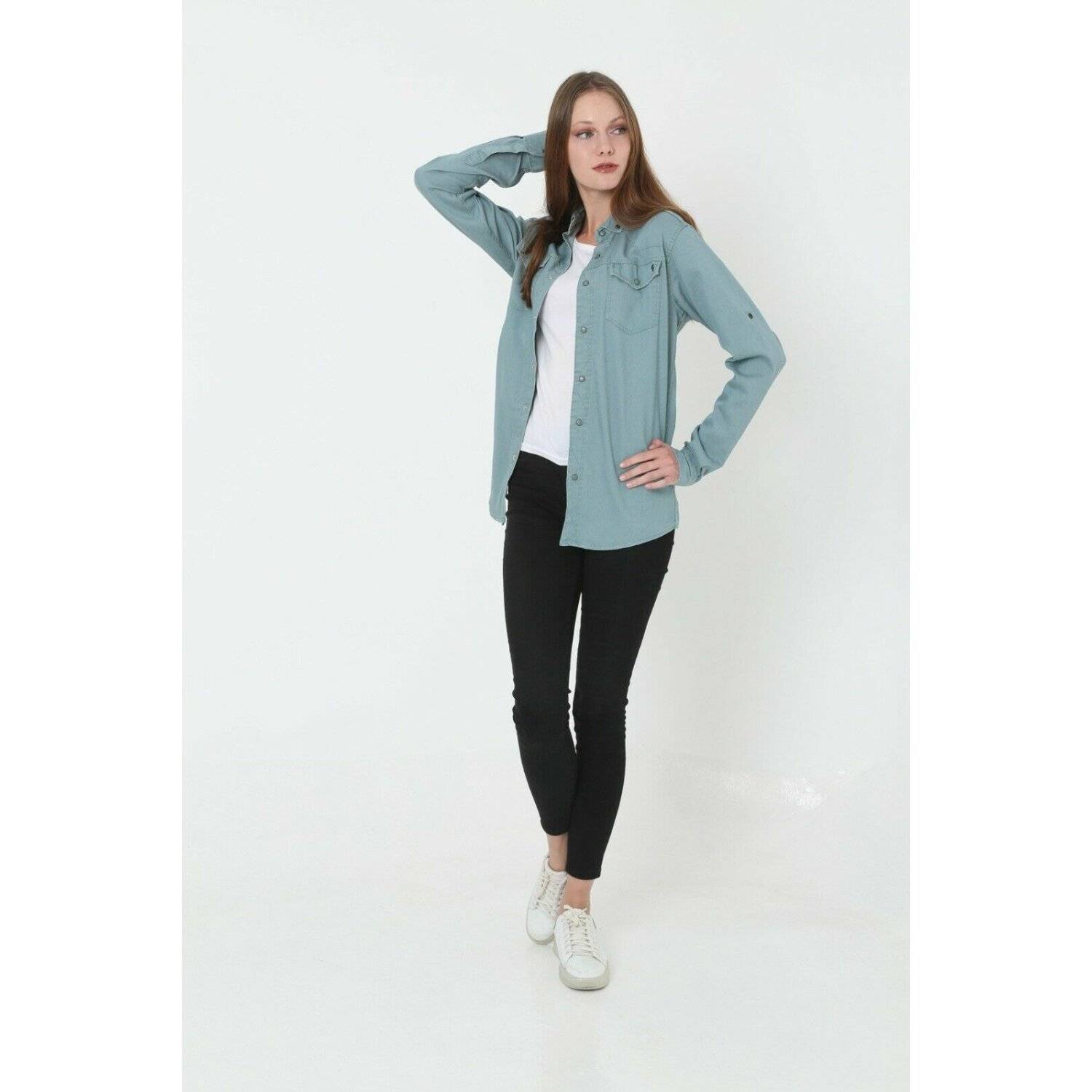 Megaman Jeans Damen Hemdjacke Jeanshemd Freizeithemd Moderne Bluse Premium Oversize D-5187 S Olivgrün