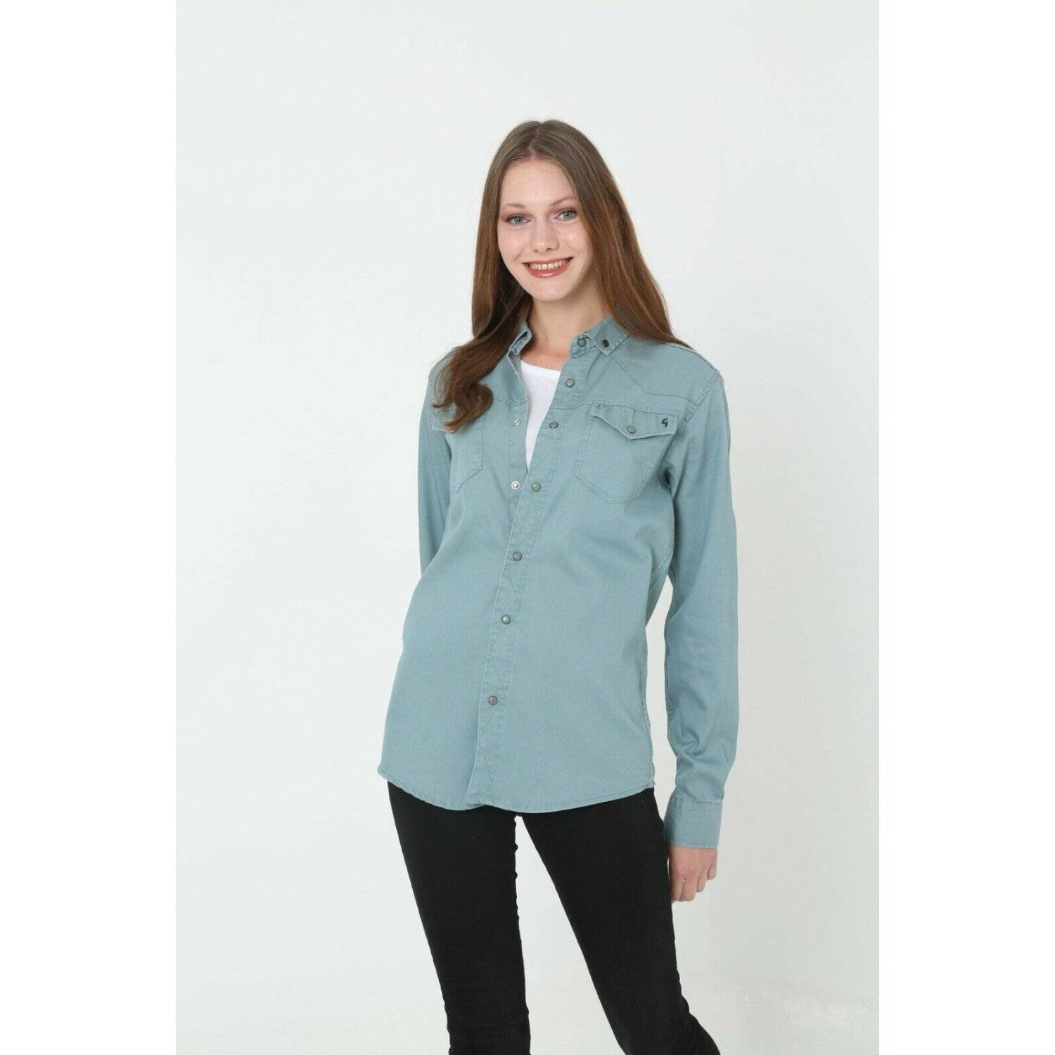 Megaman Jeans Damen Hemdjacke Jeanshemd Freizeithemd Moderne Bluse Premium Oversize D-5187 S Olivgrün