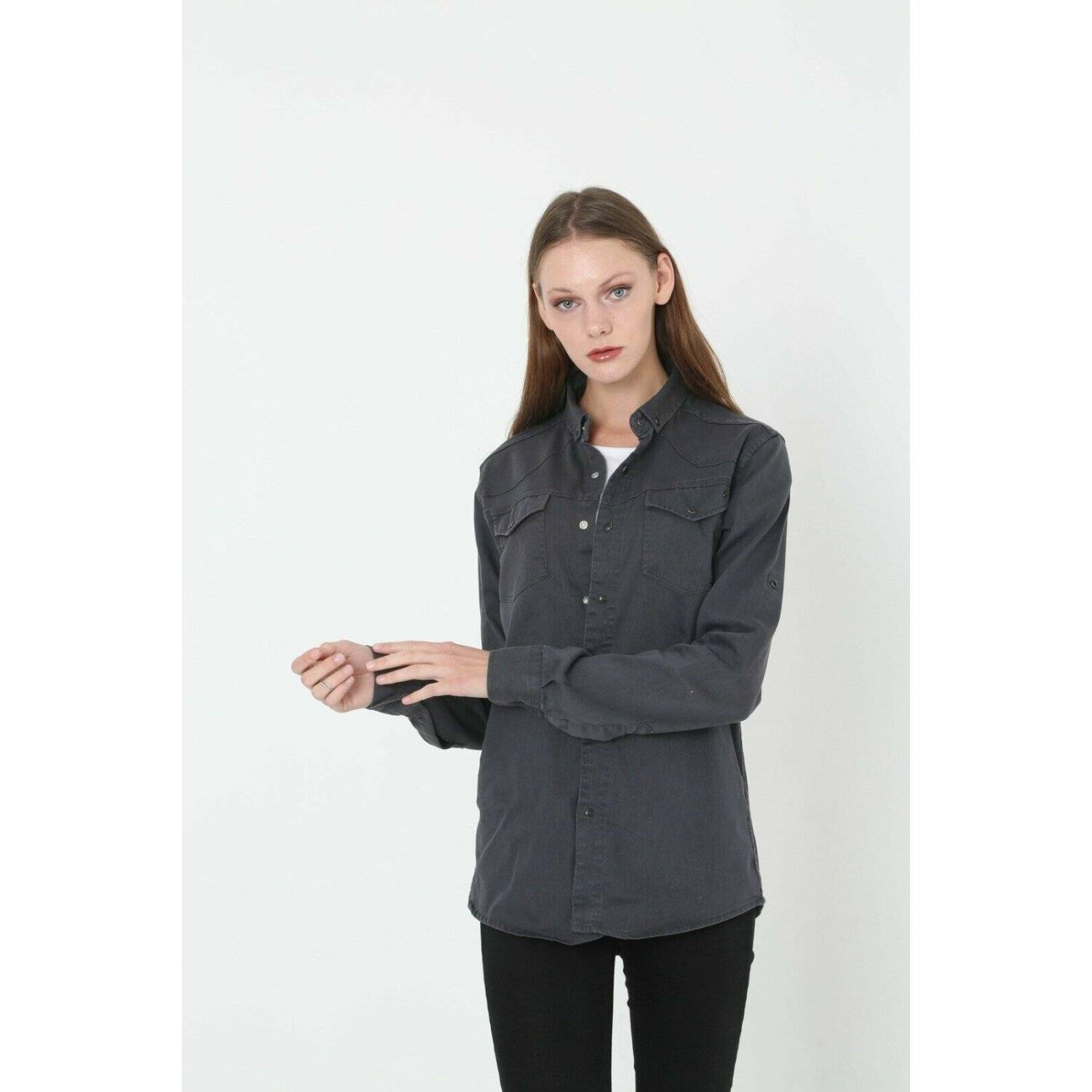 Megaman Jeans Damen Hemdjacke Jeanshemd Freizeithemd Moderne Bluse Premium Oversize D-5187 S Schwarz