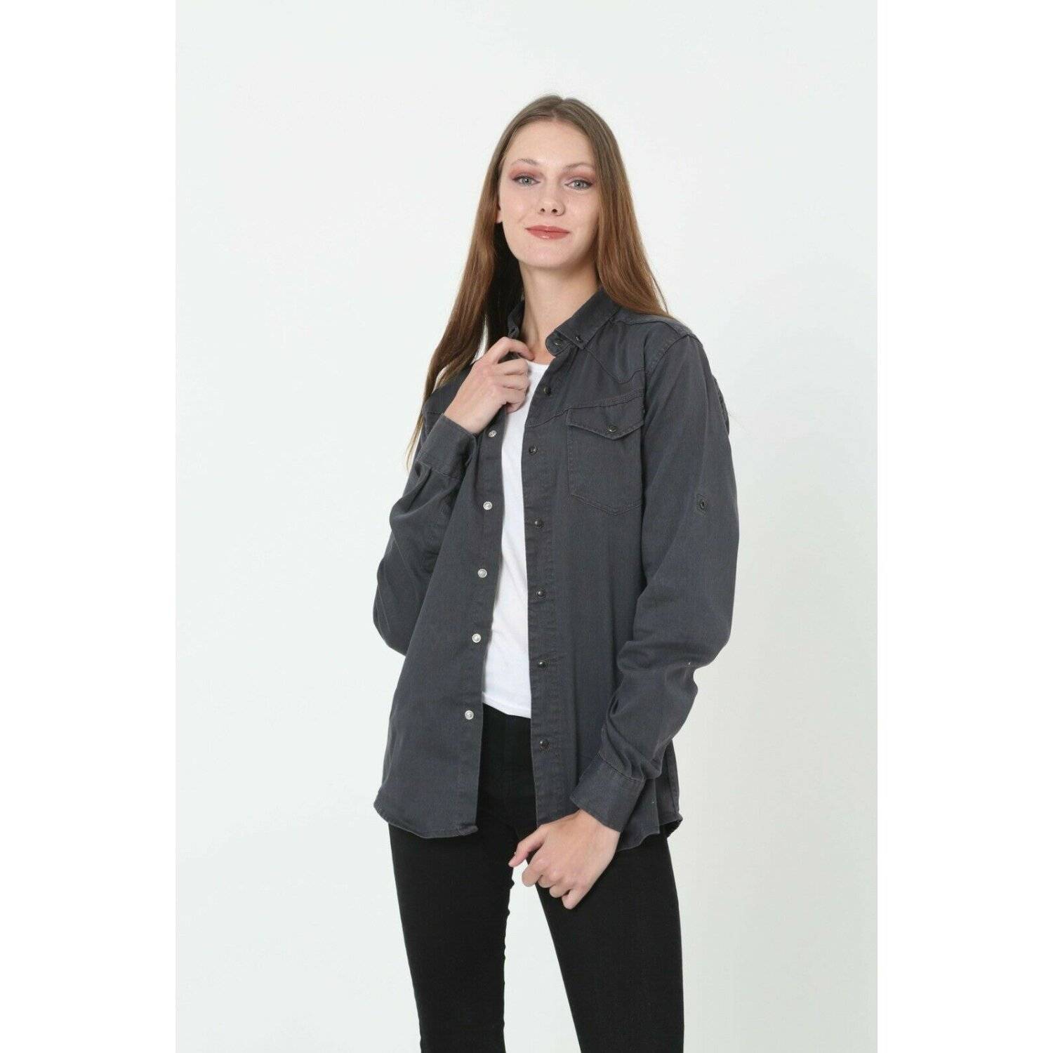 Megaman Jeans Damen Hemdjacke Jeanshemd Freizeithemd Moderne Bluse Premium Oversize D-5187 XL Schwarz