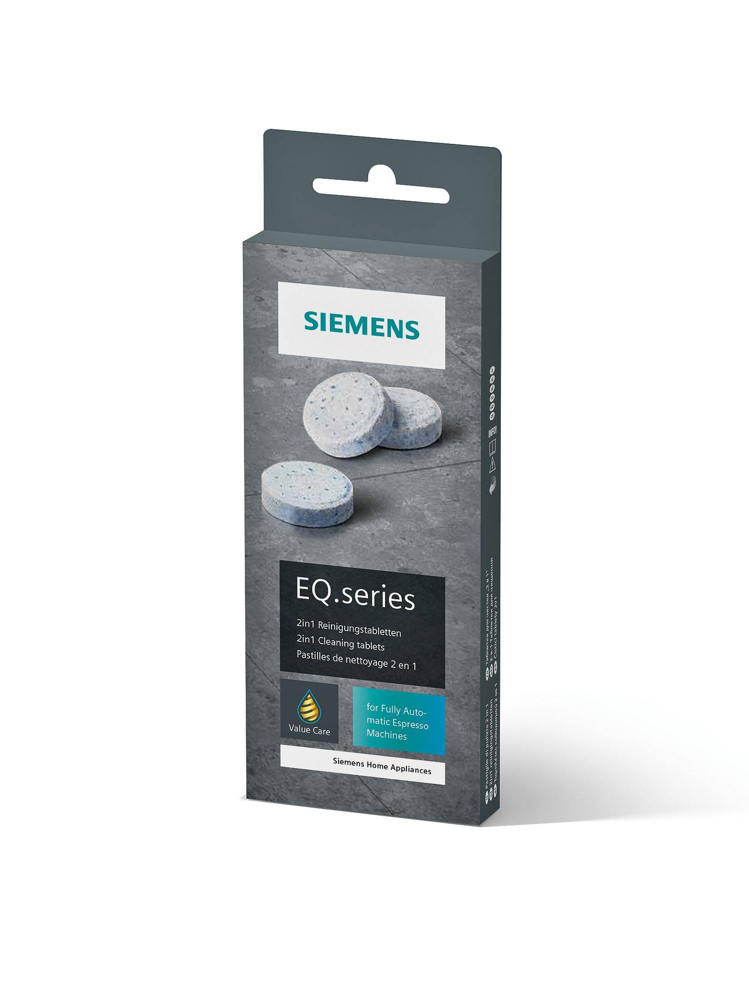 Siemens EQ.Serie Reinigungstabletten Verpackung, mit zwei runden Tabletten auf der Vorderseite. Gekennzeichnet für vollautomatische Espressomaschinen.