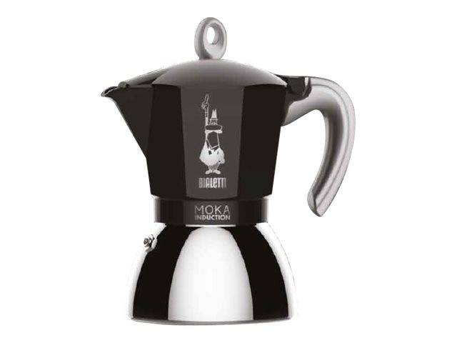 Schwarze Bialetti-Mokkakanne mit silbernem Griff und Deckelöse auf weißem Hintergrund.