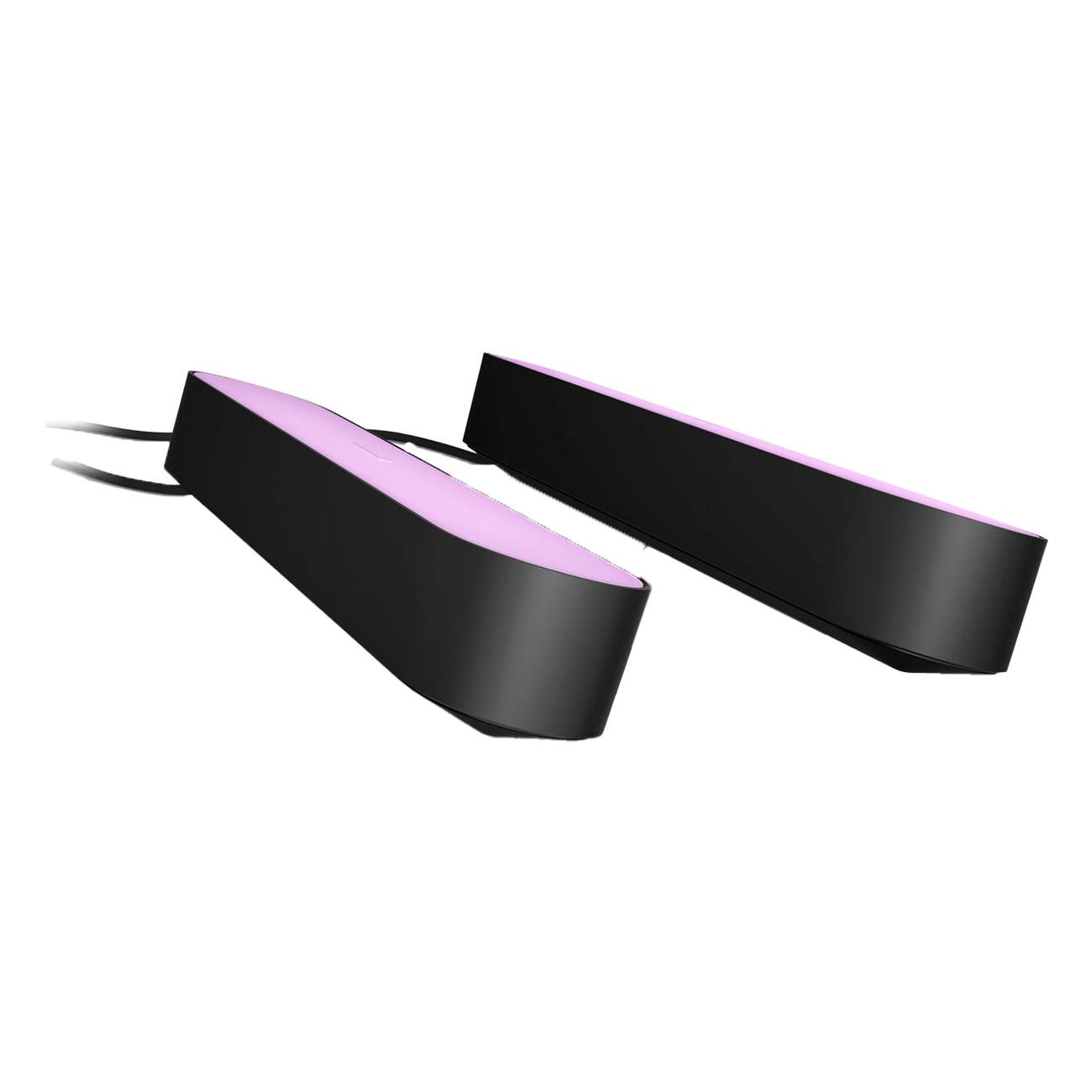 Zwei elegante schwarze keilförmige Geräte mit leuchtenden violetten Oberteilen, dargestellt auf weißem Hintergrund.