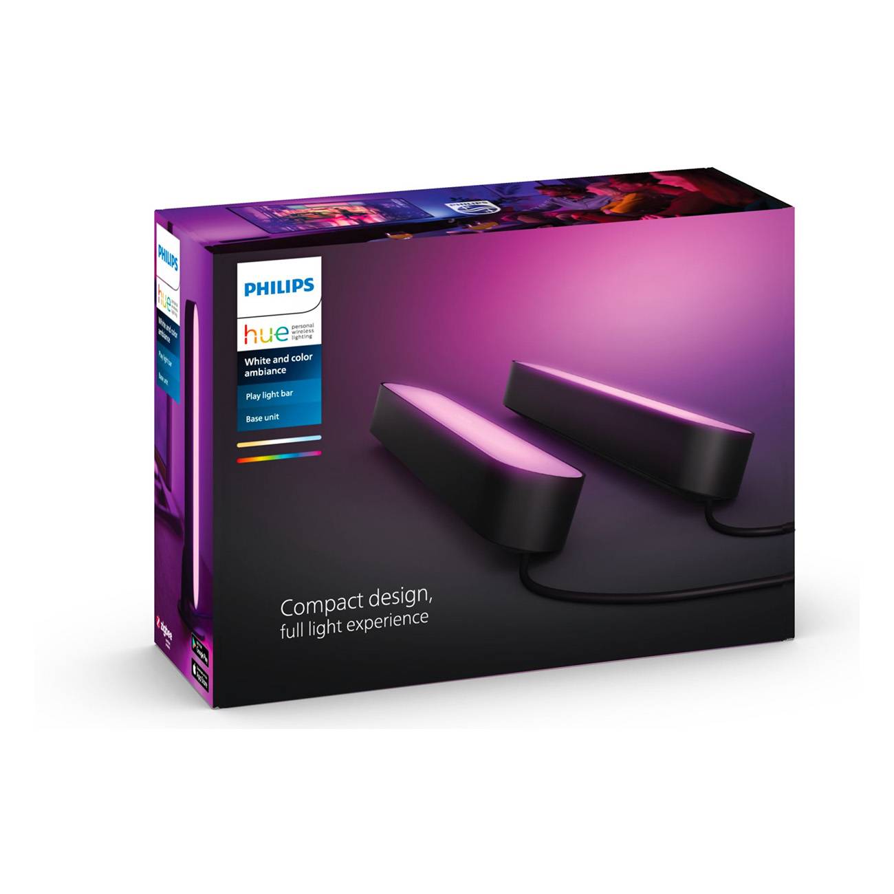 Philips Hue weiß und Farb-Ambiance-Lichtleiste – Paket mit zwei schlanken schwarzen Lichtleisten mit violettem Glühen und dem Text „Kompaktes Design, vollständiges Lichterlebnis