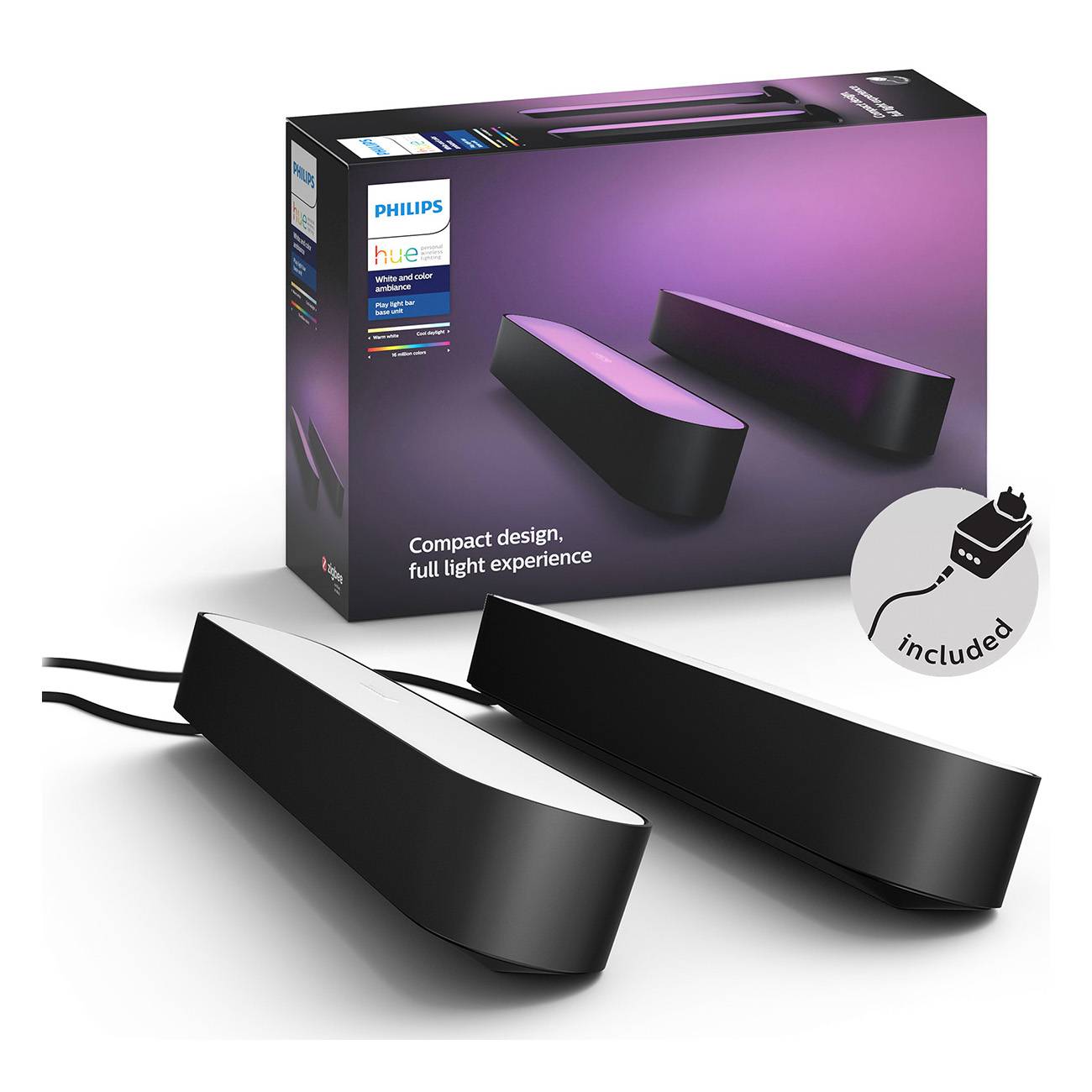 Philips Hue Play Leuchtleisten mit Verpackung dargestellt, mit kompaktem Design und vollem Lichterlebnis; Netzteil im Lieferumfang enthalten.