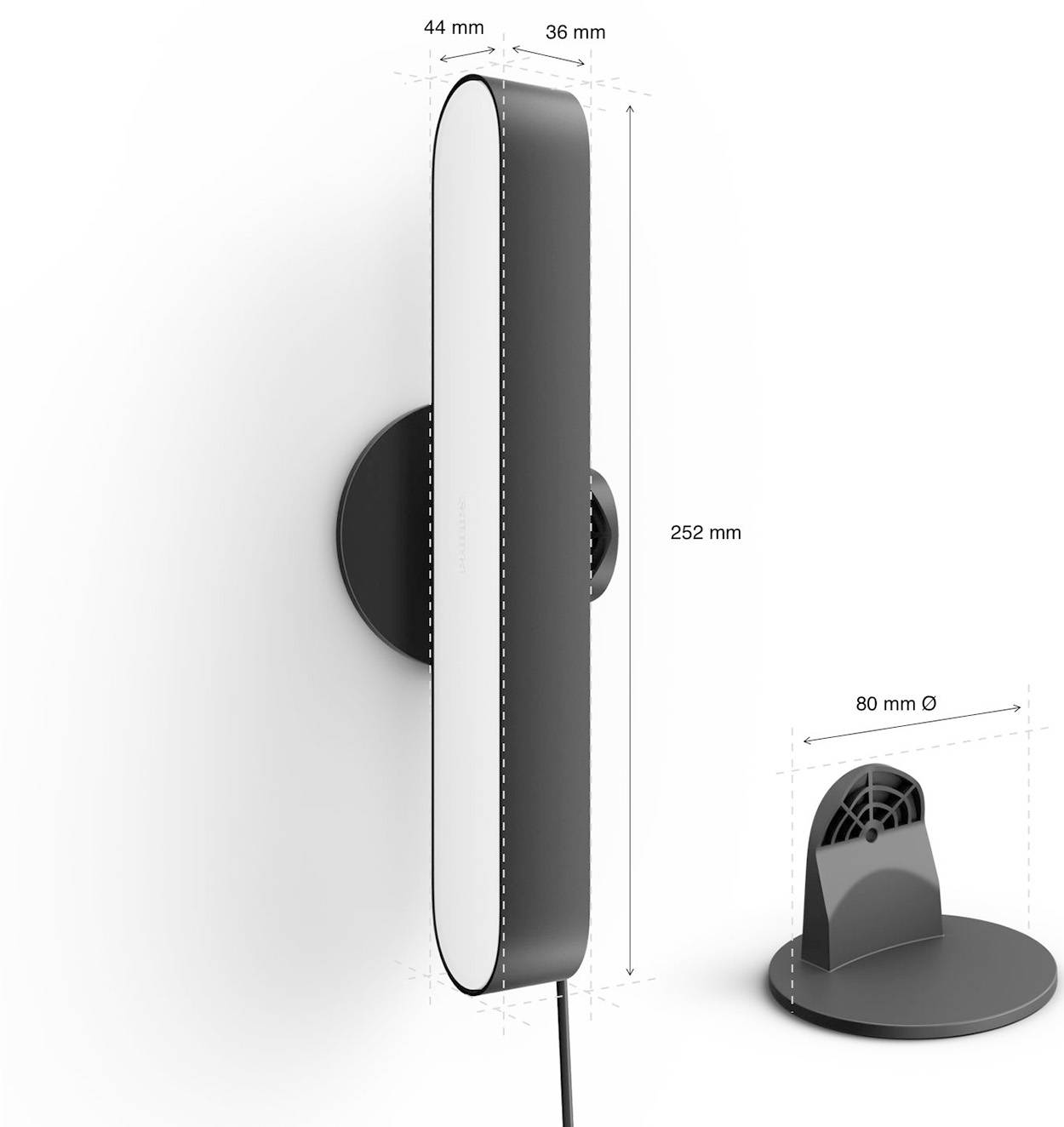 Schlanke ovale, wandmontierte Leuchte mit angegebenen Abmessungen: 252 mm hoch, 44 mm breit, 36 mm tief; separates kreisförmiges Basis-Zubehörteil mit 80 mm Durchmesser.