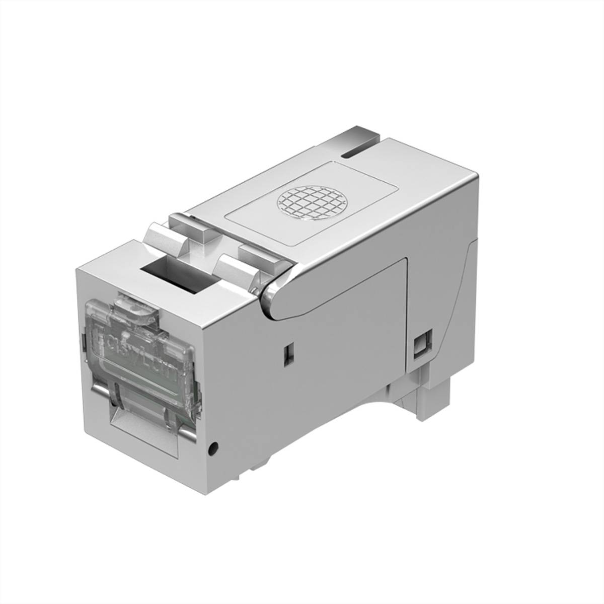 Kompakter silberner modularer Netzwerkbuchse oder Stecker mit transparenter Frontanschlussabdeckung, auf weißem Hintergrund dargestellt.
