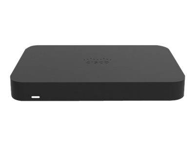 Schwarzes Cisco-Netzwerkgerät mit abgerundeten Kanten und einem kleinen Statuslicht auf der Vorderseite, dargestellt auf weißem Hintergrund.
