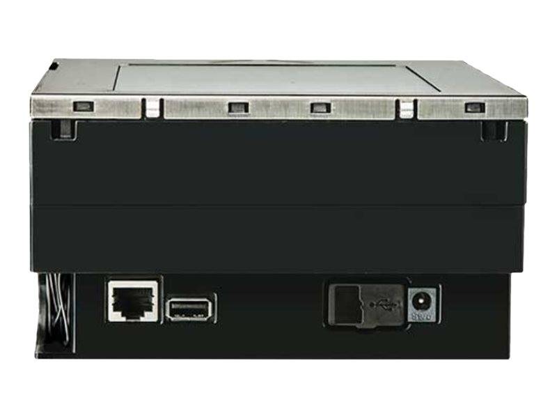 Rückansicht eines schwarzen elektronischen Geräts mit silbernem Deckel, das Ethernet-, USB- und Stromversorgungsanschlüsse zeigt.