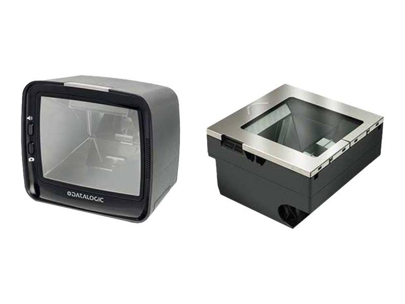 Zwei Ansichten eines Datalogic-Barcode-Scanners: würfelförmige schwarze Vorderansicht mit Glasfenster und eine Draufsicht, die die Scanöffnung zeigt.