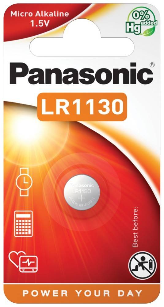 Verpackung für Panasonic LR1130 Knopfzellenbatterie mit Symbolen einer Uhr und eines Taschenrechners, die geeignete Geräte anzeigen.