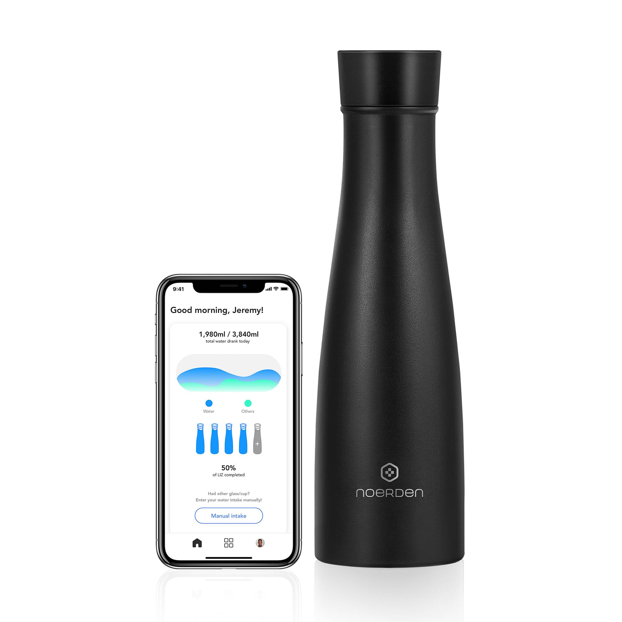 NOERDEN LIZ Smart Bottle Trinkflasche mit UV Licht Sterilisation 480ml Heiss und Kalt inkl. App und Bluetooth Anbindung schwarz