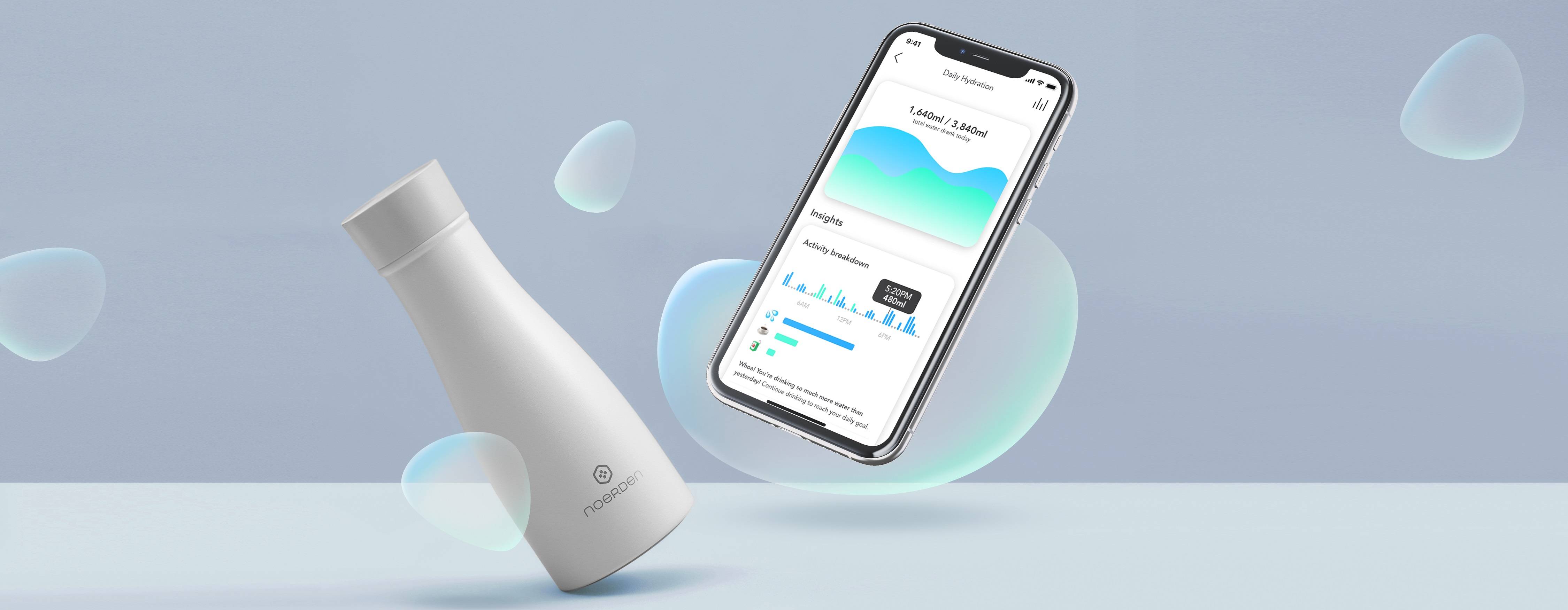 NOERDEN LIZ Smart Bottle Trinkflasche mit UV Licht Sterilisation 350ml Heiss und Kalt inkl. App und Bluetooth Anbindung weiss