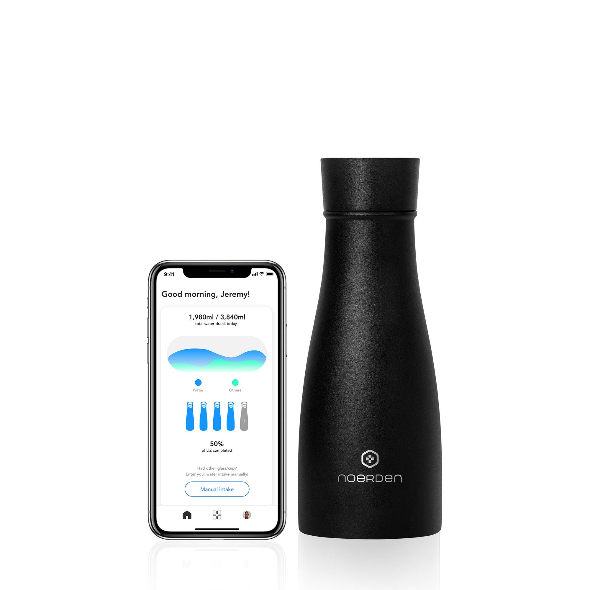 NOERDEN LIZ Smart Bottle Trinkflasche mit UV Licht Sterilisation 350ml Heiss und Kalt inkl. App und Bluetooth Anbindung schwarz