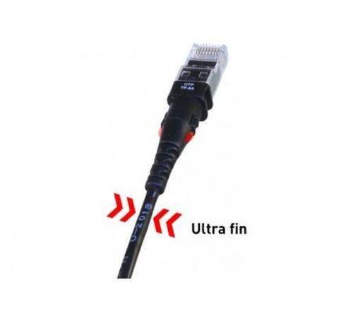Ultrafeines Ethernet-Kabel mit RJ45-Stecker, gezeigt mit roten Pfeilen und dem Text „Ultra fin