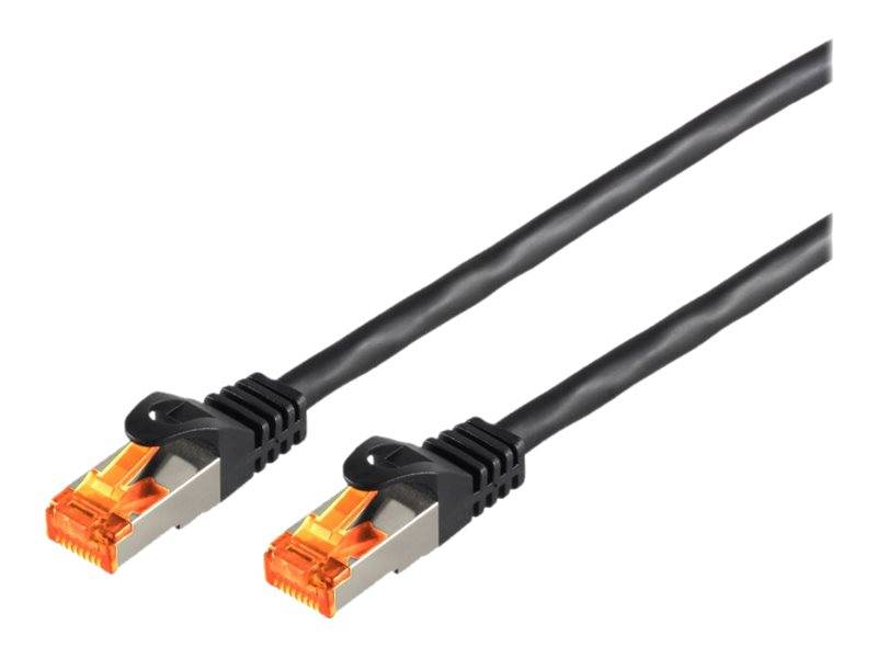 Zwei schwarze Ethernet-Kabel mit orangefarbenen RJ45-Steckern auf weißem Hintergrund.