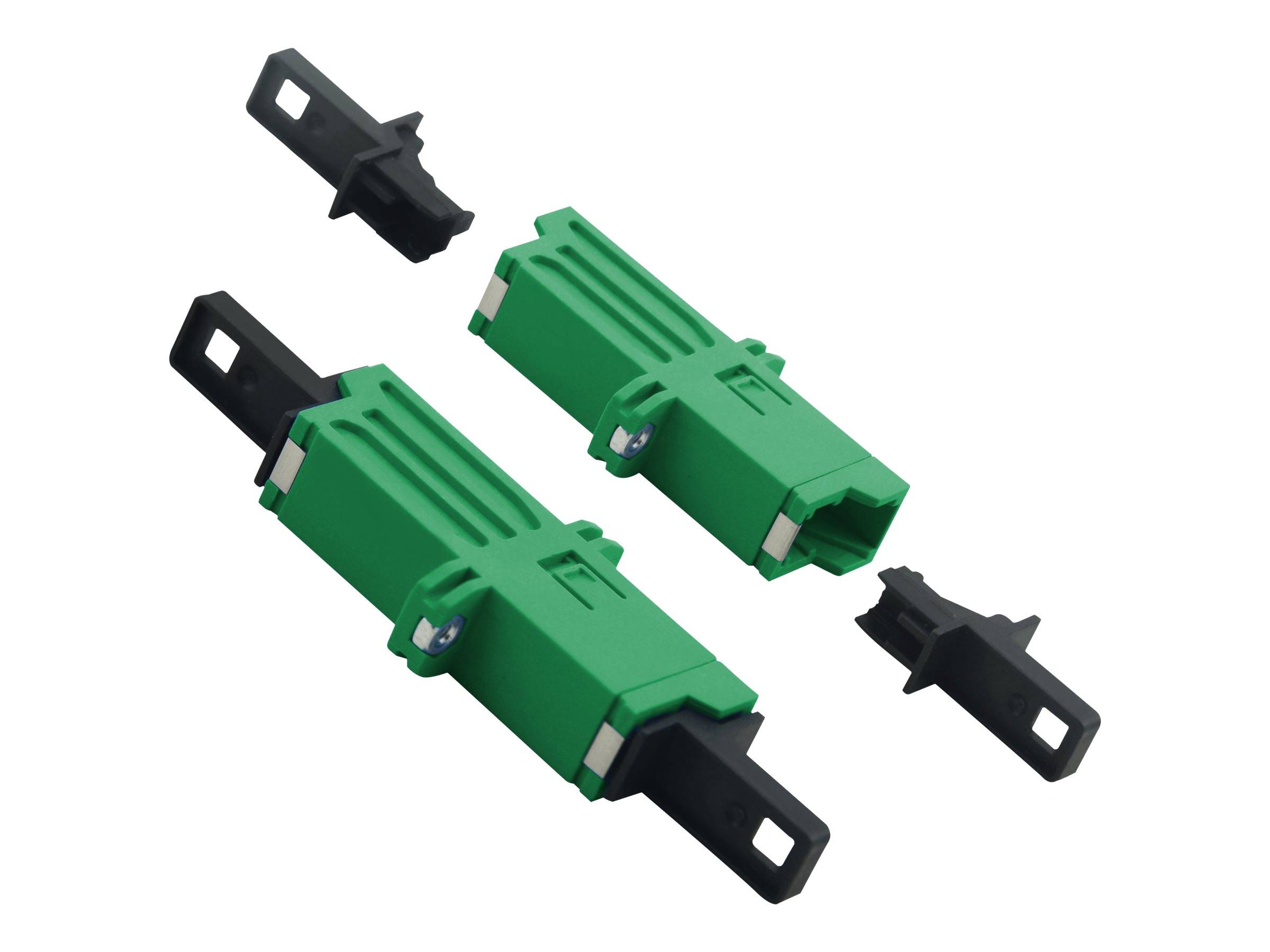 Zwei grüne rechteckige Elektrostecker mit schwarzen Endtablatoren und zwei lose schwarze Tablatoren, dargestellt auf weißem Hintergrund.