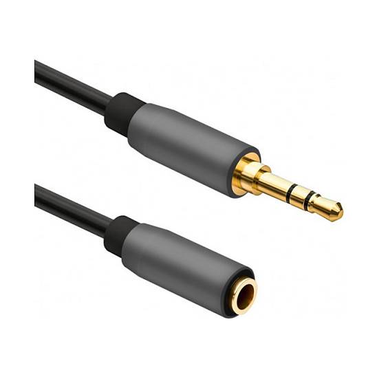 Zweiansicht-Illustration eines 3,5-mm-Audiokabels: oben ist ein männlicher Stereostecker zu sehen, unten die entsprechende weibliche Buchse.