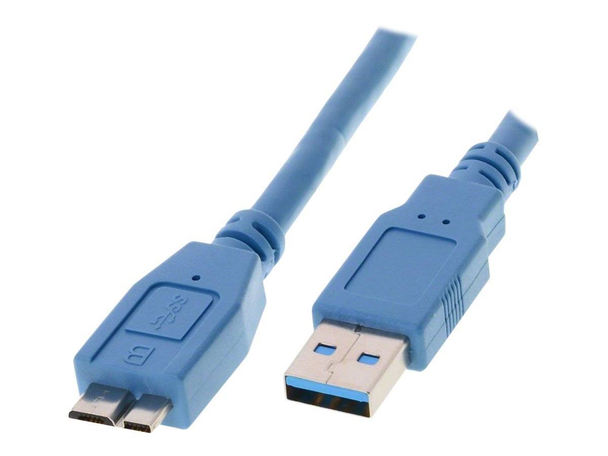 Blaues USB-Kabel mit Micro-USB-Stecker an einem Ende und Standard-USB-A-Stecker am anderen Ende, dargestellt vor weißem Hintergrund