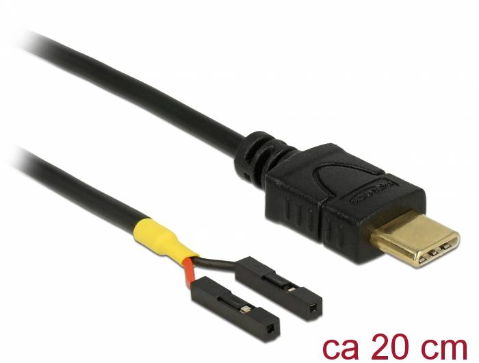 Nahaufnahme eines schwarzen Kabels mit USB-C-Stecker und zwei freiliegenden internen Drähten, beschriftet mit „ca. 20 cm".