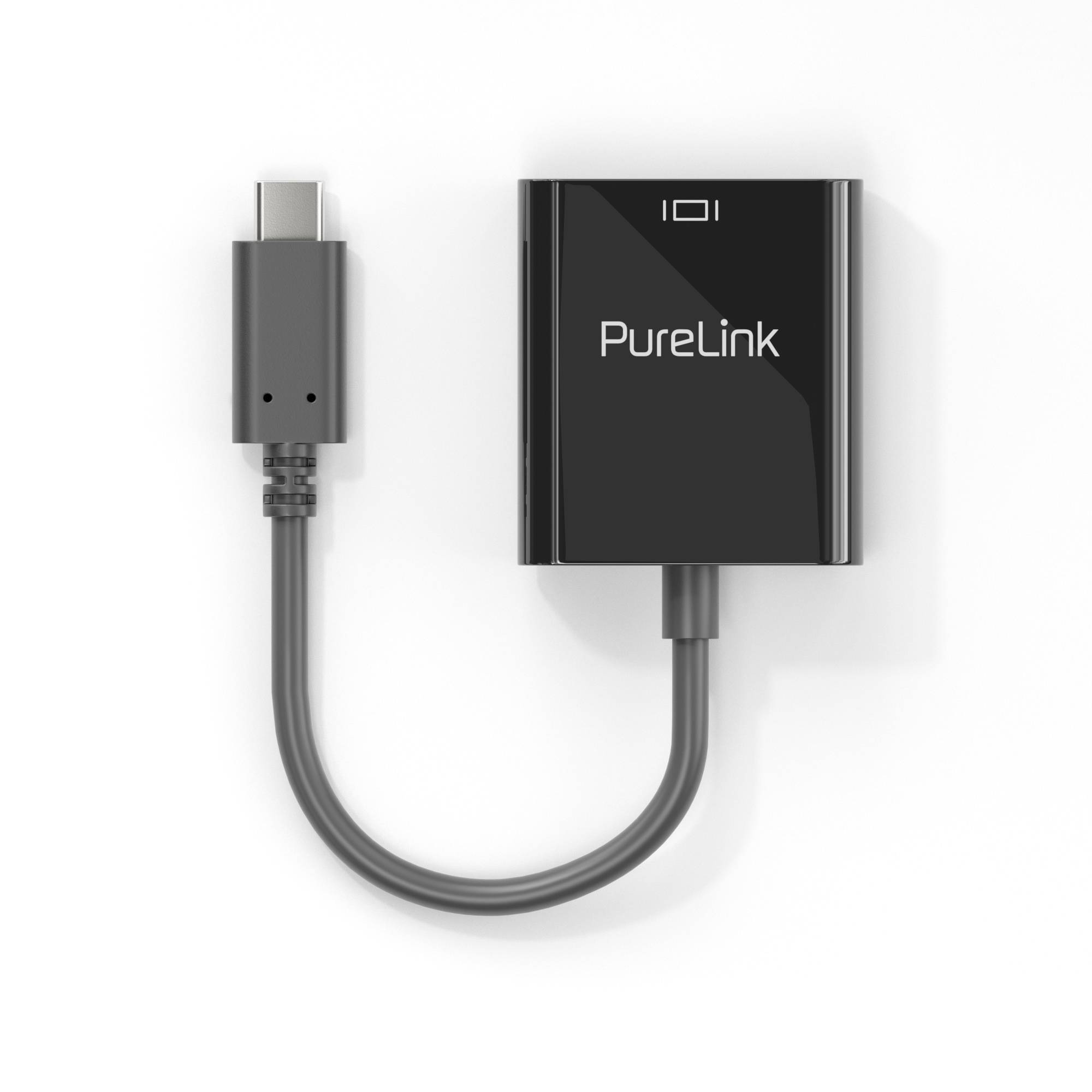 Schwarzer PureLink USB-C-Adapter mit angeschlossenem Kabel und USB-C-Stecker, dargestellt auf weißem Hintergrund.