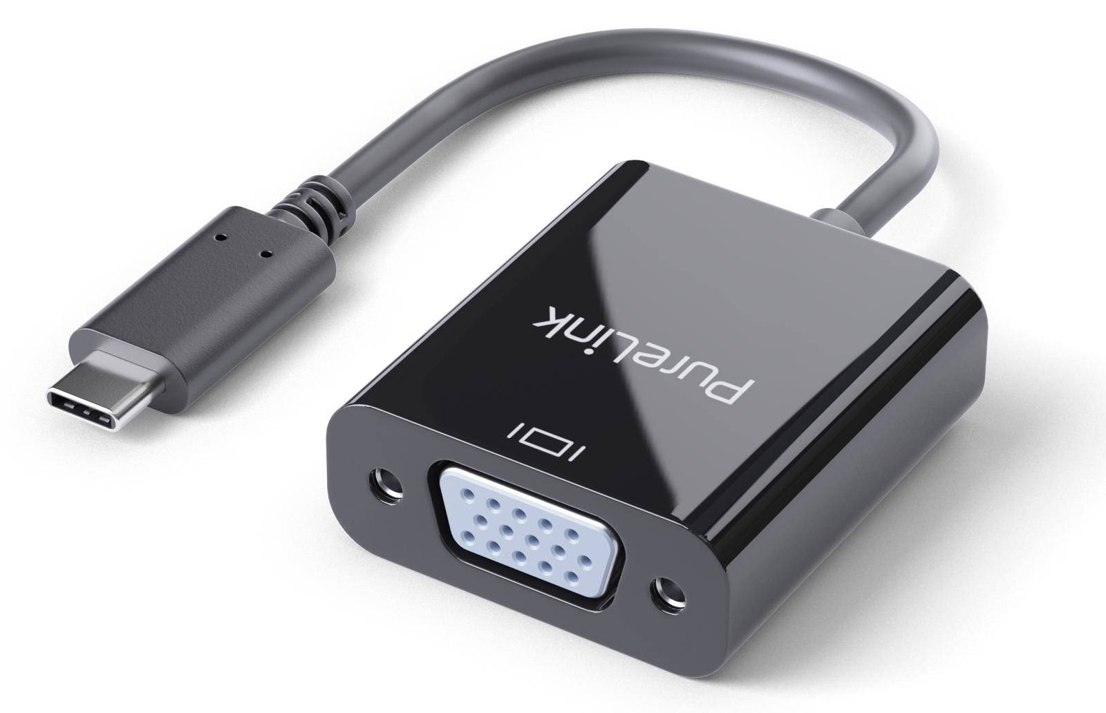 USB-C-zu-VGA-Adapter mit angeschlossenem Kabel, zeigt einen VGA-Anschluss zum Verbinden eines USB-C-Geräts mit einem Monitor oder Beamer.