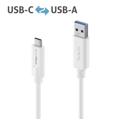 USB-C auf USB-A Kabel mit umkehrbarem USB-C-Stecker und Standard-USB-A-Anschluss, nebeneinander auf weißem Hintergrund dargestellt.