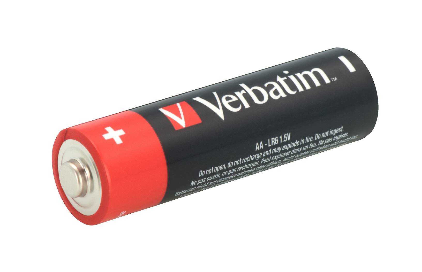 Eine einzelne Verbatim AA 1,5V Batterie, schräg dargestellt mit rotem Pluspol und schwarzem Gehäuse auf weißem Hintergrund.