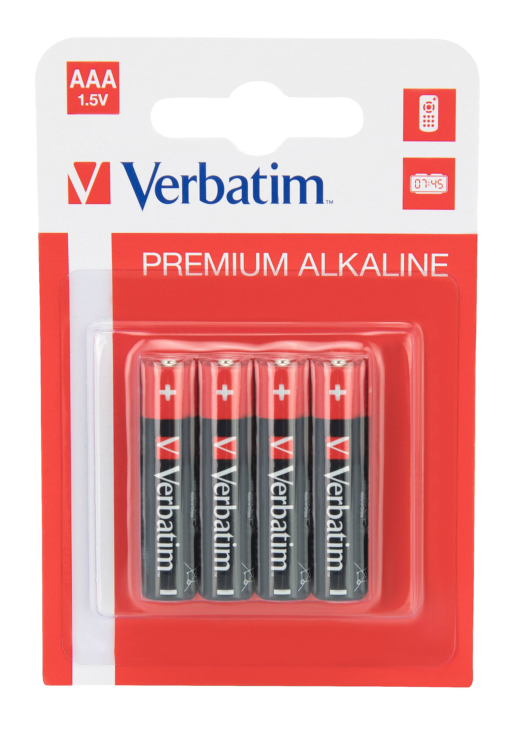 Verbatim Premium Alkaline AAA 1,5V Batteriepack mit vier Batterien in roter Einzelhandelsverpackung.