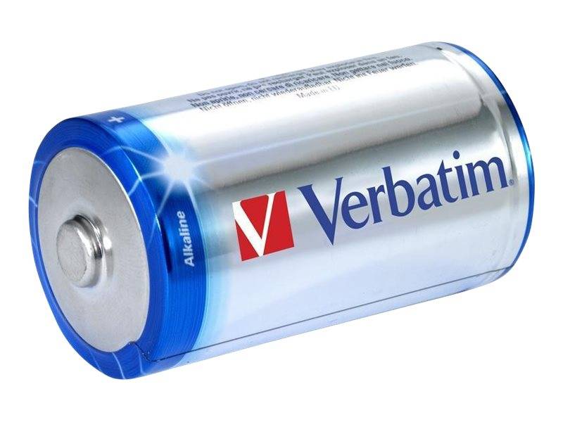 Einzelne große Verbatim-Alkalibatterie mit blauen Enden, auf weißem Hintergrund dargestellt.