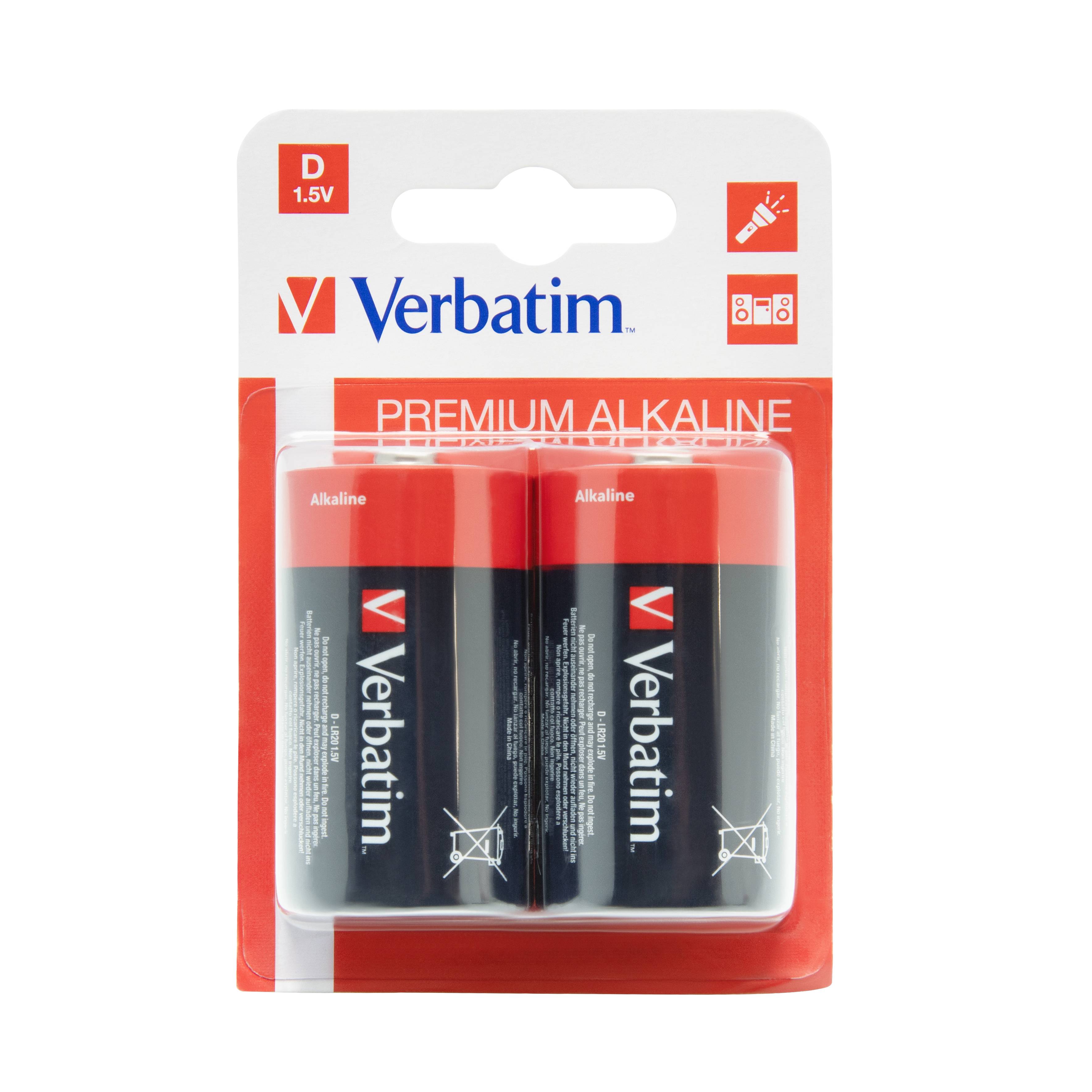 Verbatim Premium Alkaline D 1,5V Batterien in einer Zwei-Pack-Einzelhandels-Blisterpackung.