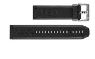 Schwarzes Uhrenarmband mit Metallschnalle, gezeigt in zwei Ansichten: das vollständige Armband und das separate kürzere Schnallenende.