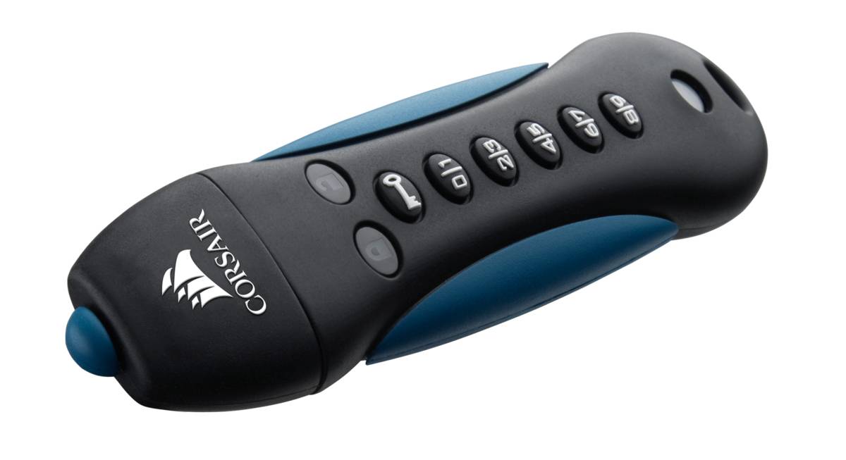 Ein schwarz-blauer Corsair-Handcontroller mit mehreren beschrifteten Tasten und einem Daumenpad, entwickelt für Gaming oder Medienkontrolle.