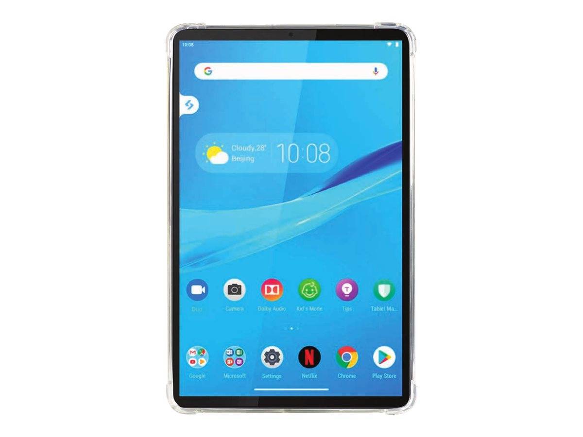Ein Tablet-Startbildschirm mit blauem Hintergrundbild, Google-Suchleiste, Wetter-Widget mit Anzeige von 10:08 und App-Symbolen einschließlich Kamera, Netflix, Chrome und Play Store.