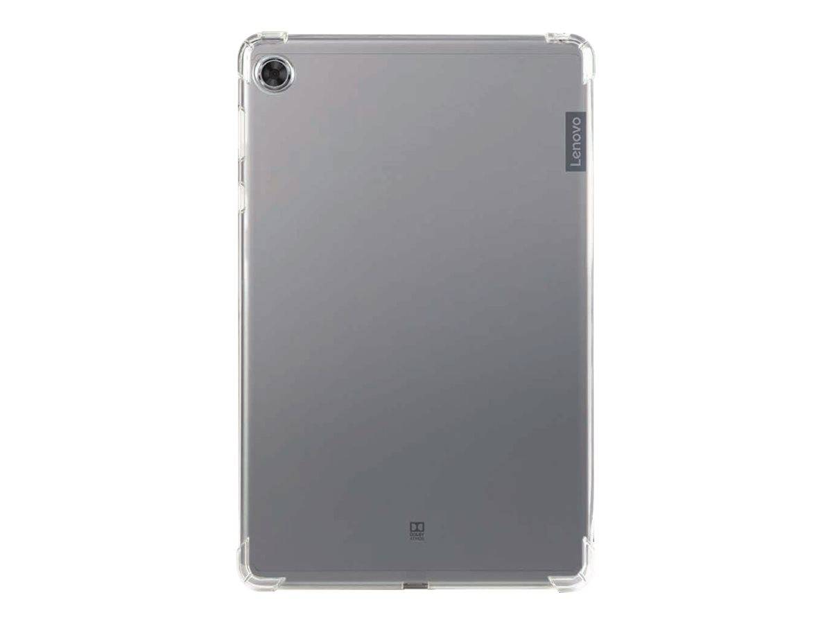 Graues Lenovo-Tablet von hinten gezeigt in einer klaren Schutzhülle, mit Rückfahrtkamera oben links und Lenovo-Logo an der rechten Kante.