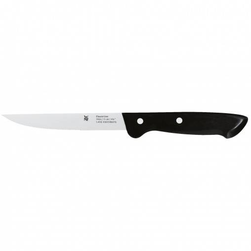 Ein Küchenmesser mit weißer Klinge und schwarzem Griff auf weißem Hintergrund.