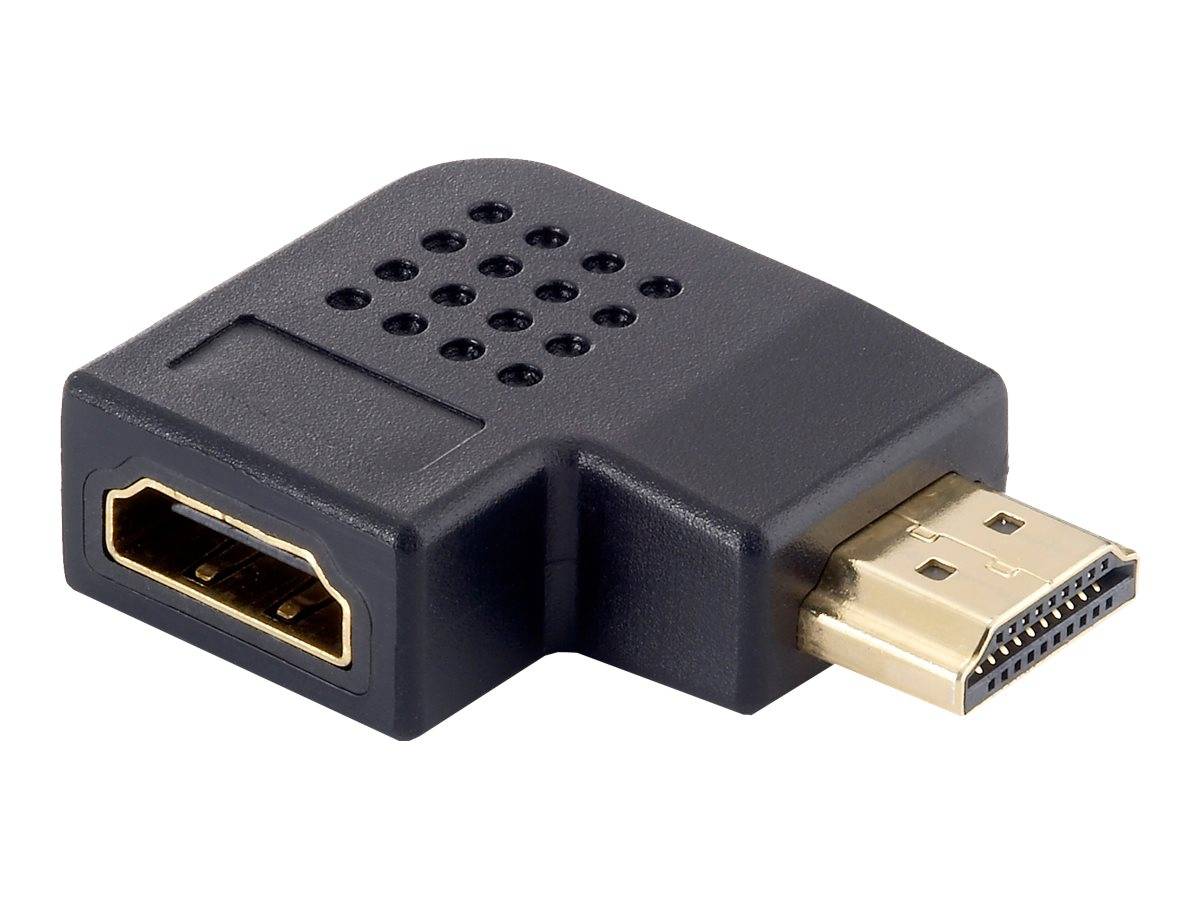 HDMI-Winkeladapter mit einem weiblichen Anschluss und einem männlichen Stecker, gezeigt auf weißem Hintergrund.