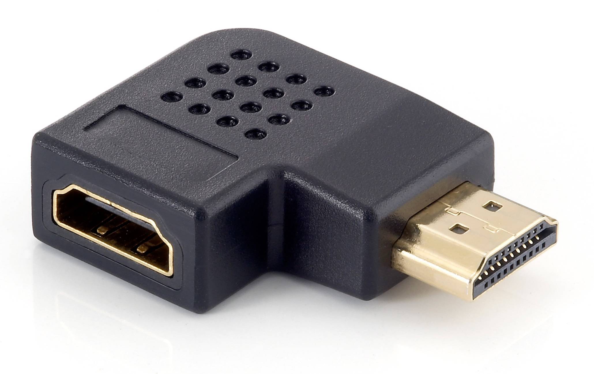 HDMI-Adapter mit einem weiblichen HDMI-Anschluss auf der einen Seite und einem männlichen HDMI-Stecker auf der anderen Seite, dargestellt auf weißem Hintergrund.