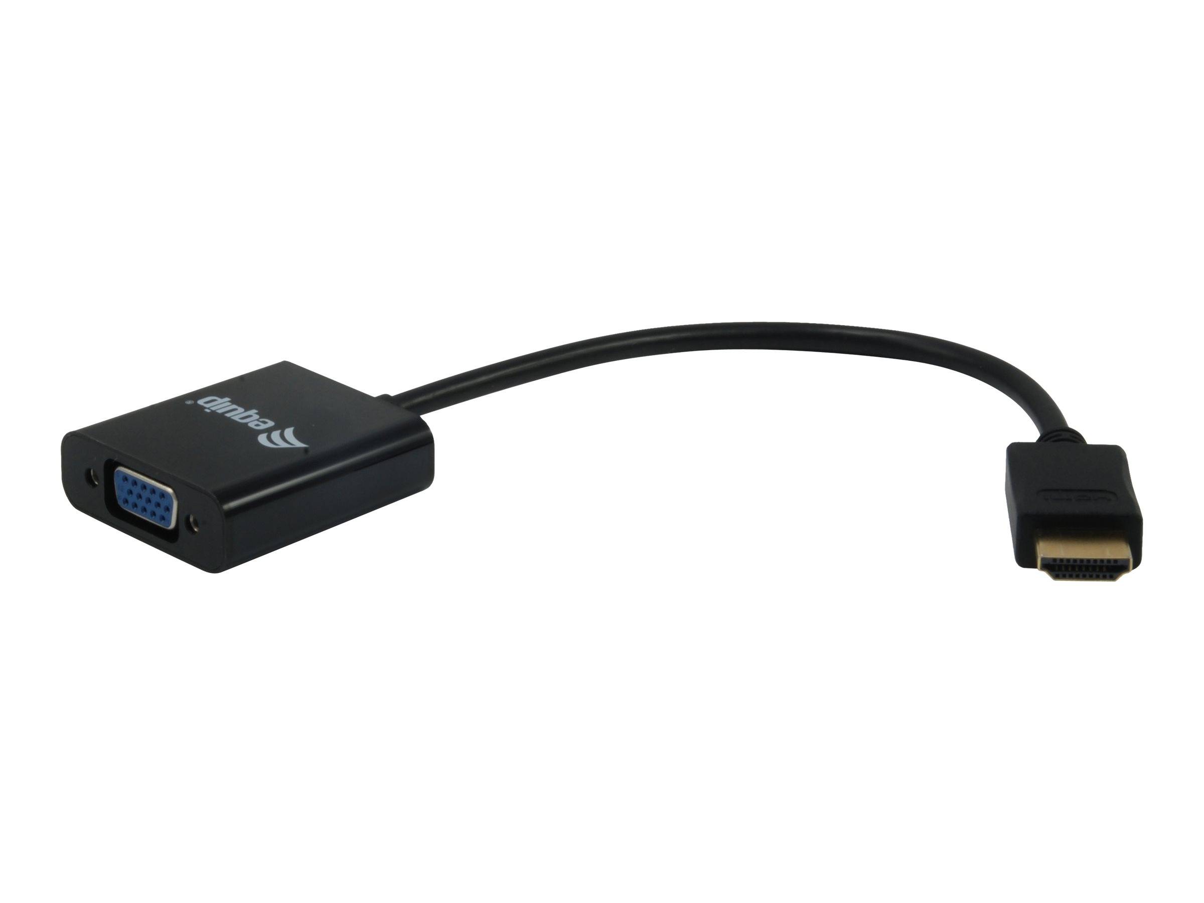 Schwarzes Adapterkabel, das einen VGA-Buchsenanschluss in einen vergoldeten HDMI-Stecker umwandelt, auf weißem Hintergrund